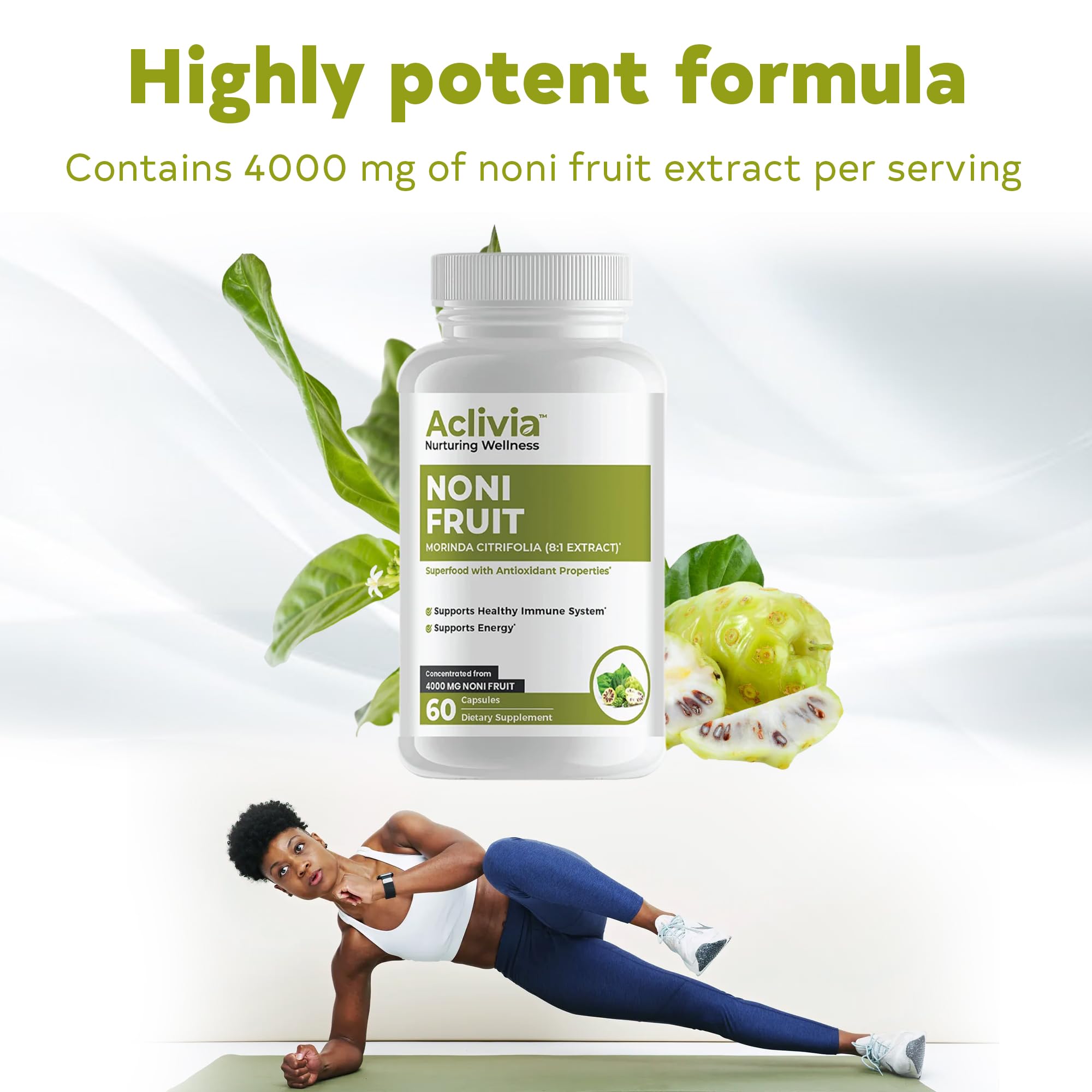 Aclivia Noni capsules product shot shows 60-count bottle for easy routine