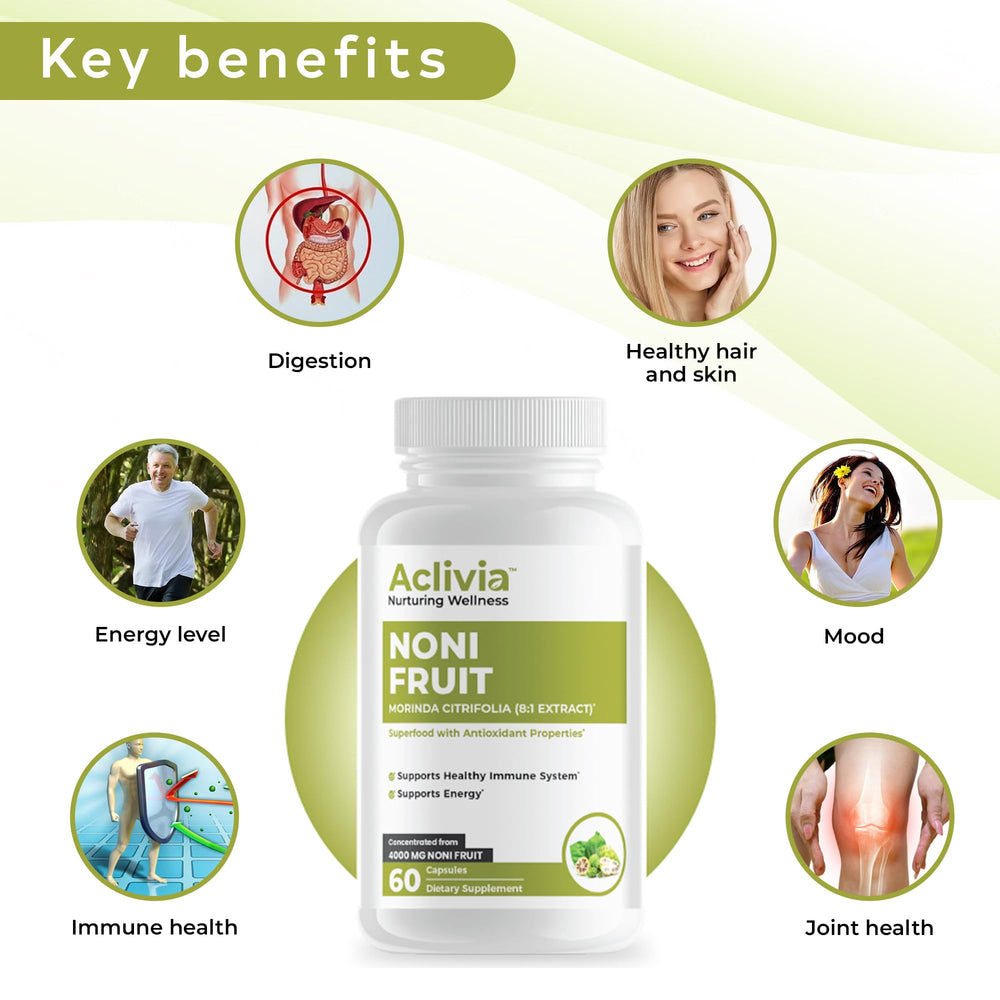 Aclivia Hawaiian Noni capsules nutrition label highlights vitamin C, potassium, and iron