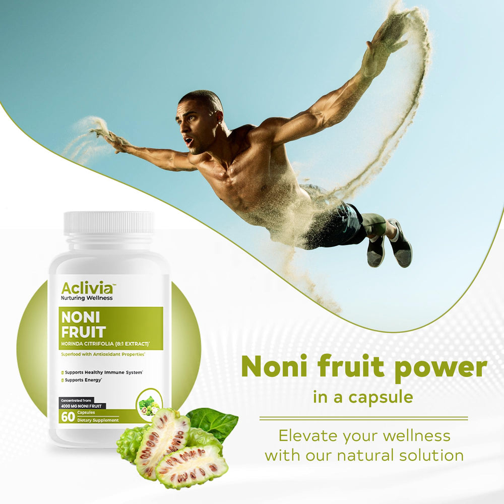 Aclivia Hawaiian Noni capsules packaging close-up communicates gluten-free and non-GMO credentials