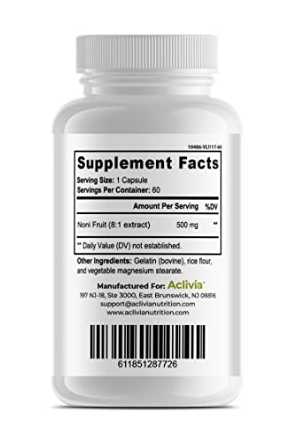 Aclivia Noni capsules purity label emphasizes 100% noni fruit with no artificial additives