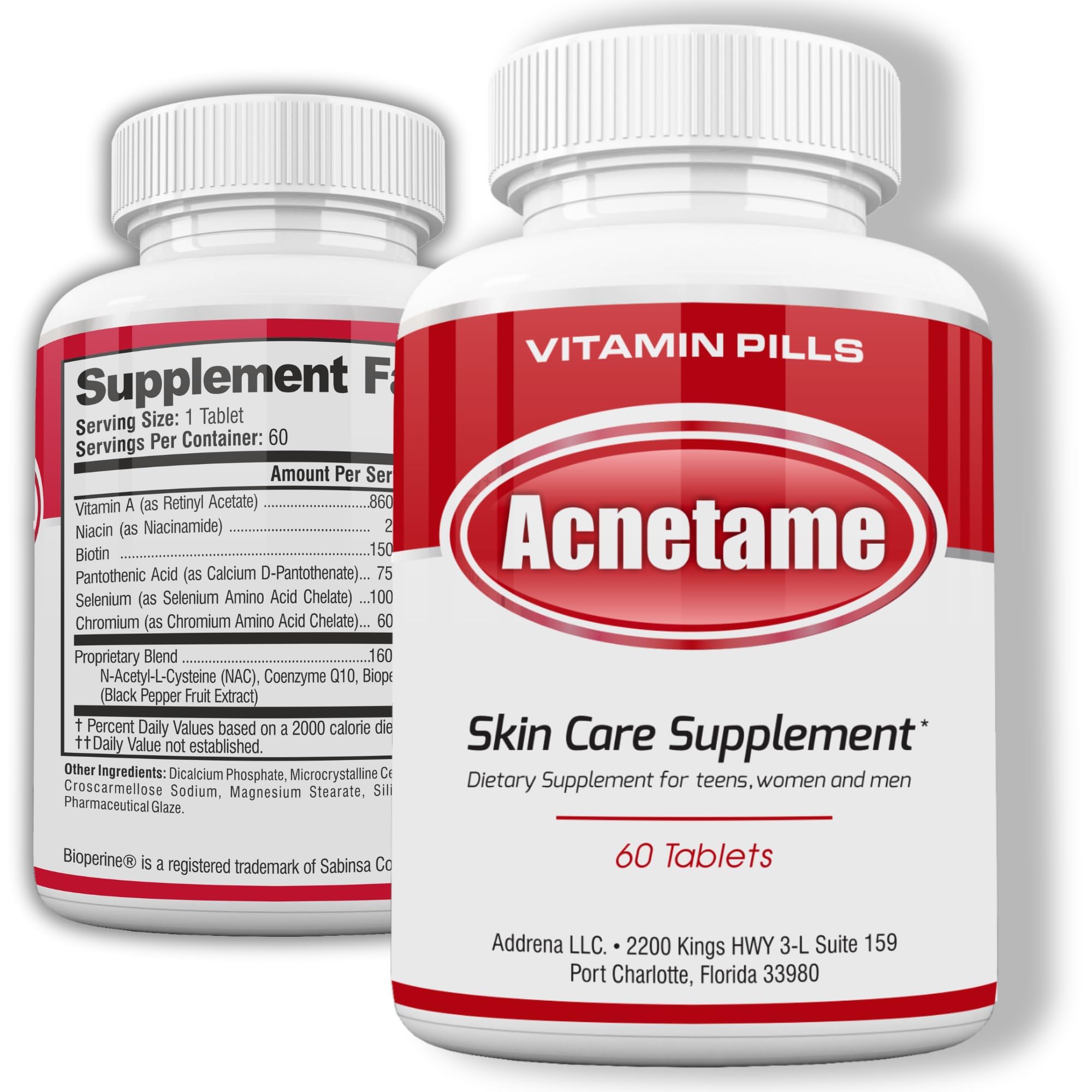 Acnetame pills bottle front illustrating daily acne support in a compact package