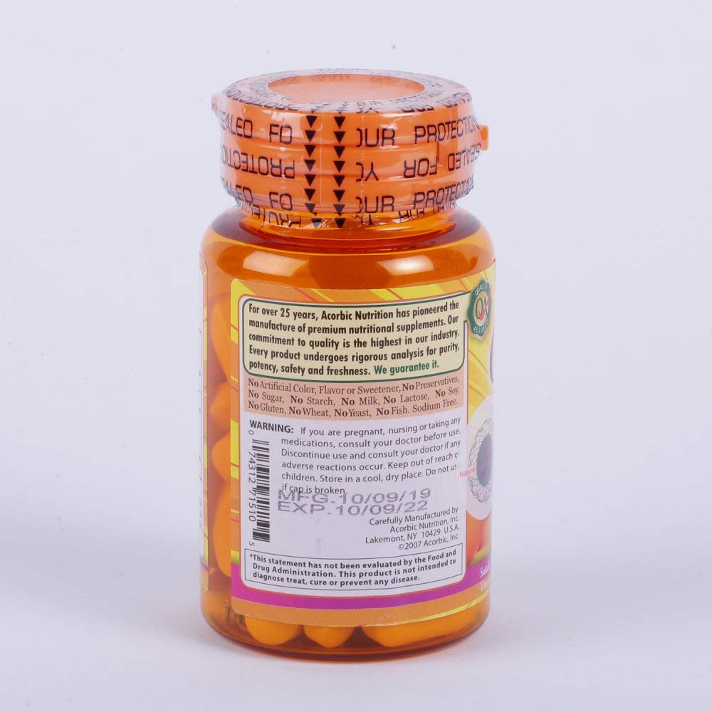 Close-up of Acorbic Vitamin C 1000 mg pills for daily use.