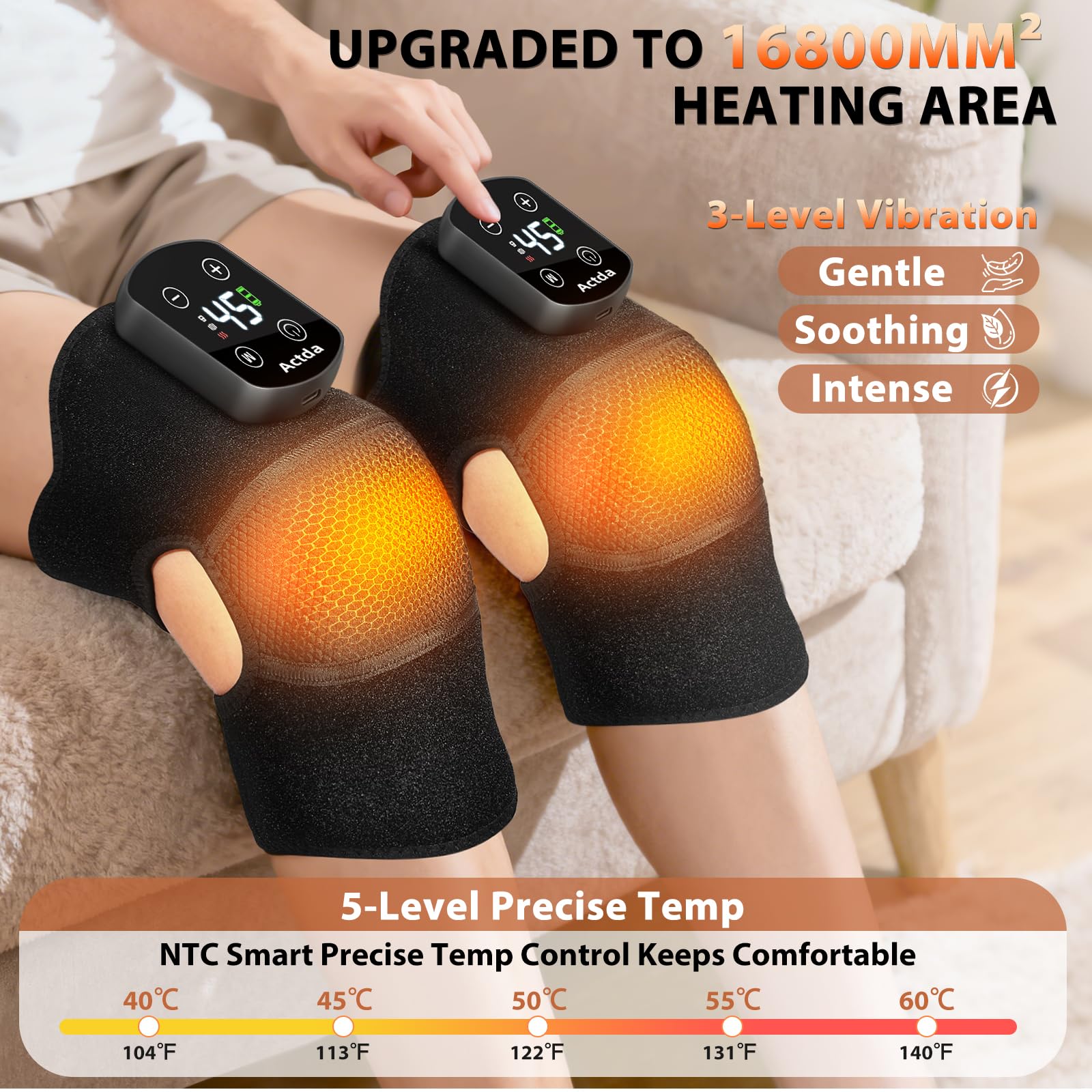 Actda knee massager heat settings UI demonstrates precise control for tailored comfort.
