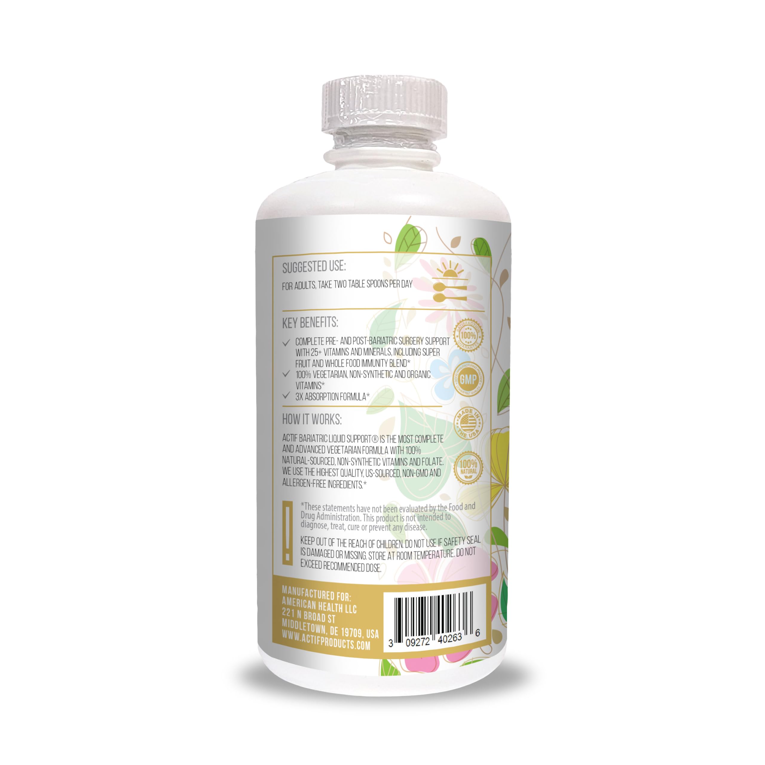 ACTIF bariatric liquid multivitamin pour for easy mixing after meals.