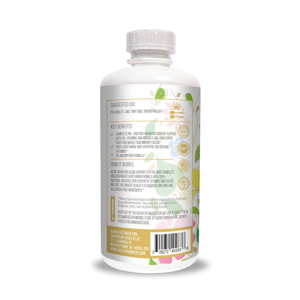 ACTIF bariatric liquid multivitamin pour for easy mixing after meals.