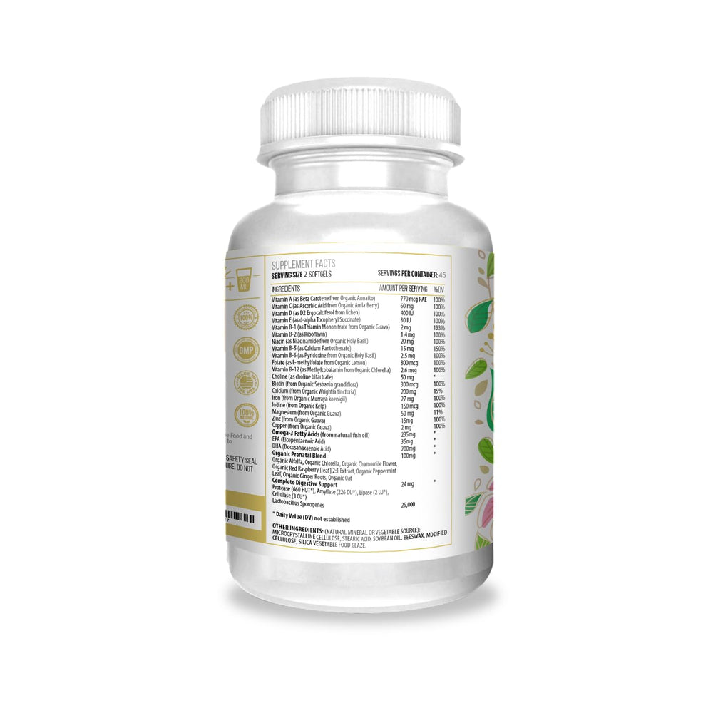 ACTIF Organic Prenatal bottle close-up highlighting DHA/EPA for baby's brain support