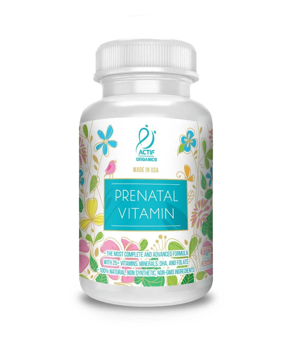 ACTIF Organic Prenatal Vitamins bottle showing 25+ nutrients to support pregnancy and healthy fetal development