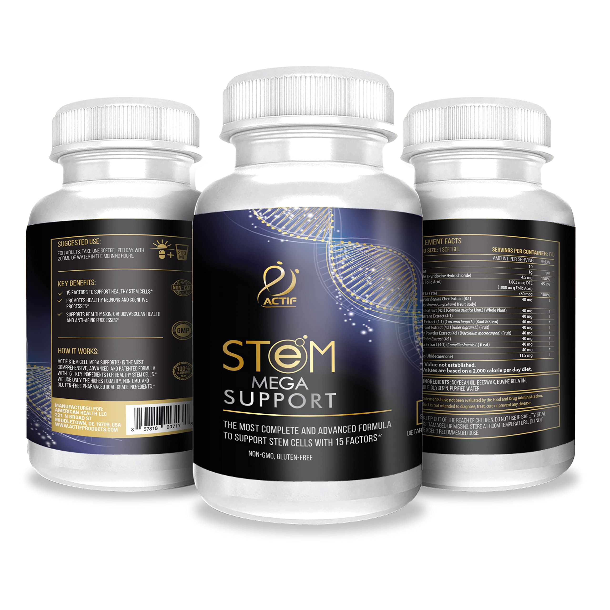 ACTIF Stem Cell Mega Support capsules shown for daily routine with a two-month supply
