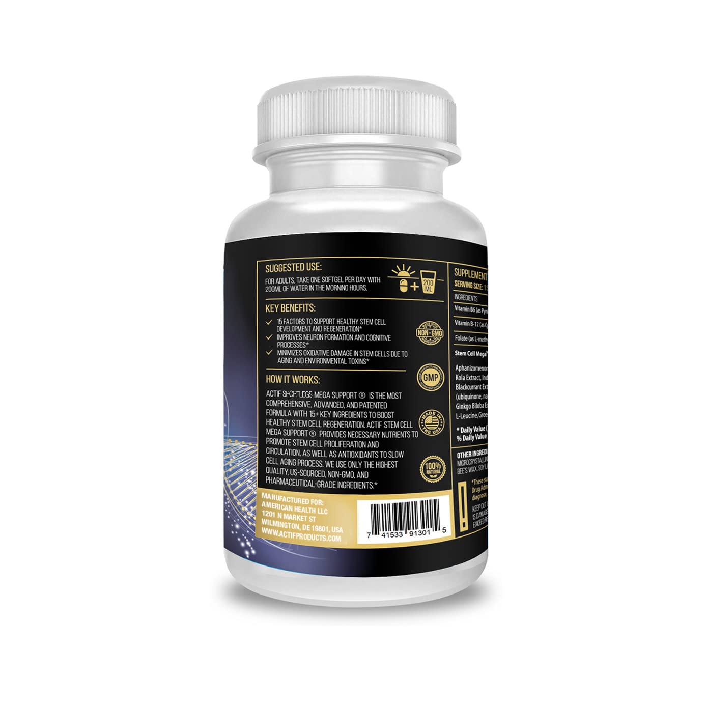 ACTIF Stem Cell Mega Support packaging box showing non-GMO and USA-made promise