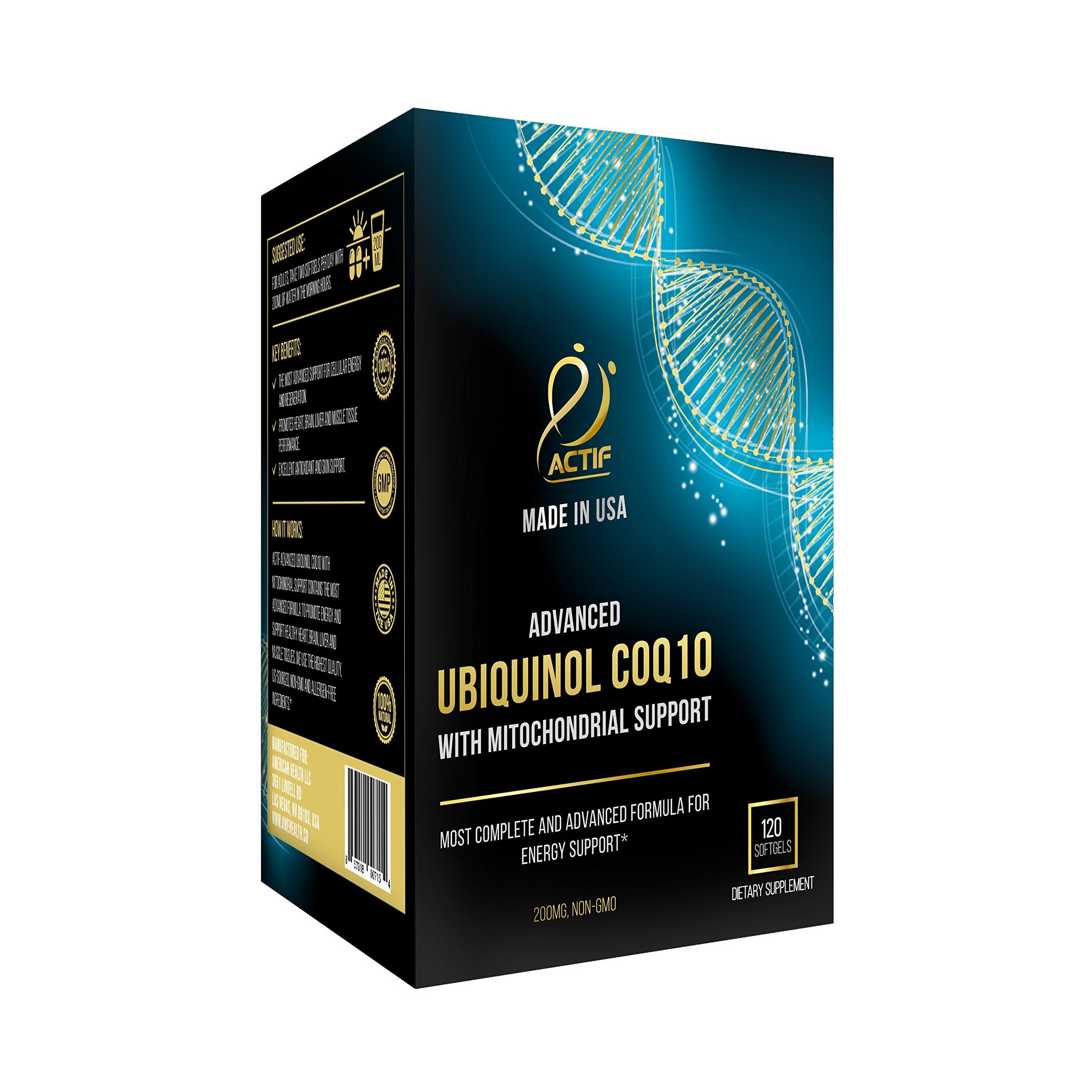 Closeup of ACTIF ubiquinol capsules highlighting high absorption.