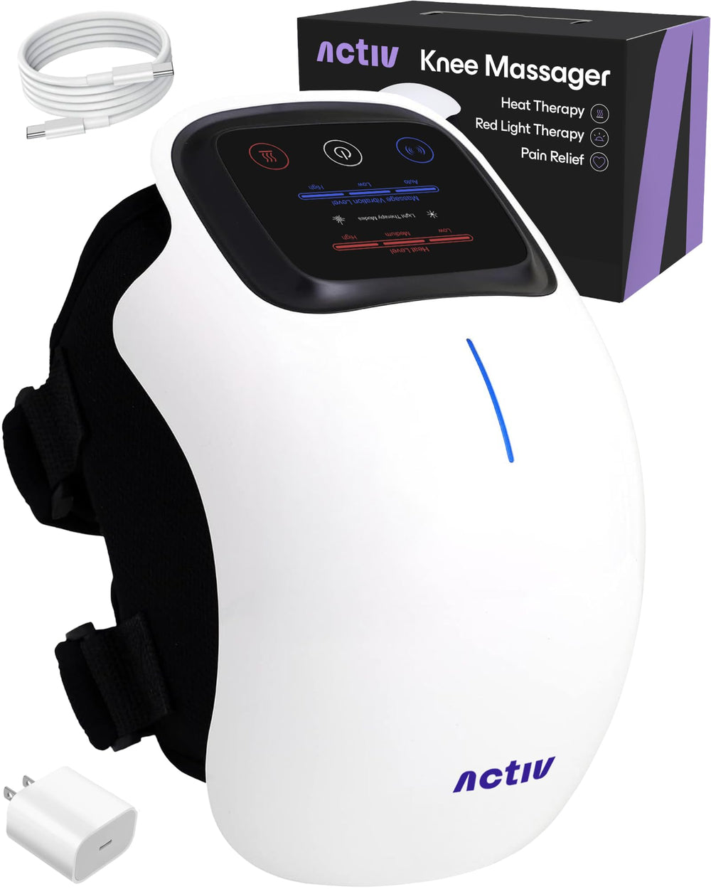 Activ knee massager showing heat and red light therapy for soothing joints
