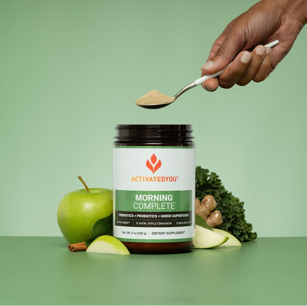 ActivatedYou green superfoods powder shown with a smoothie for plant-based energy.