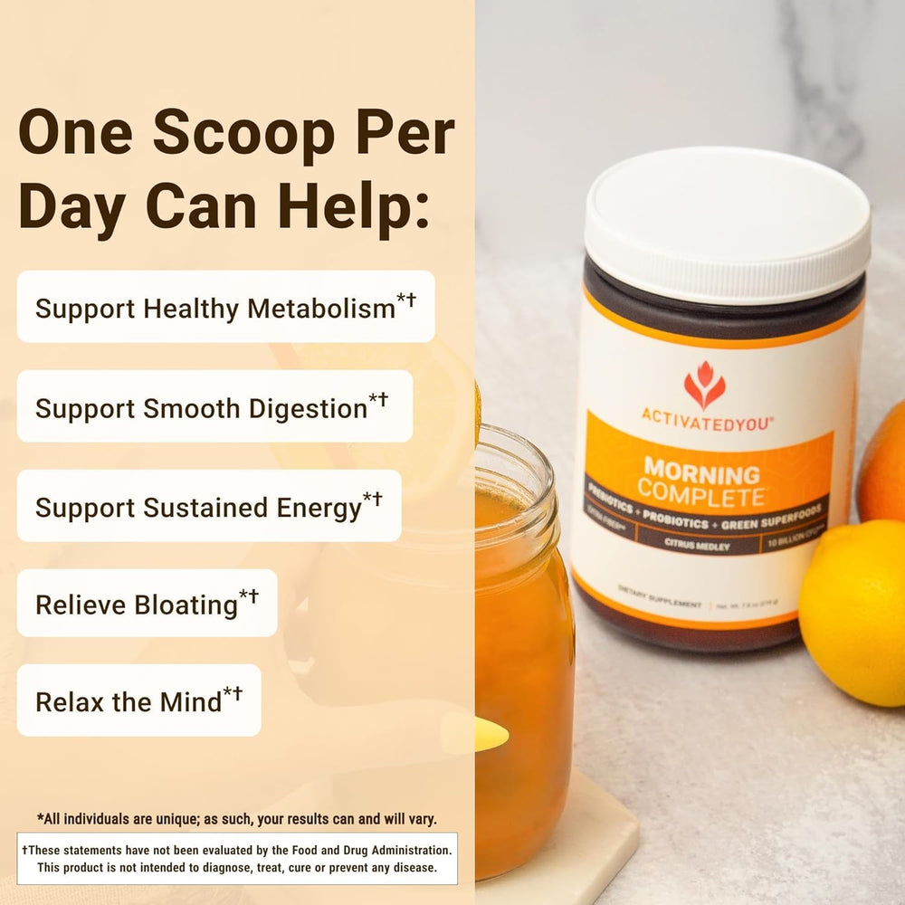 ACTIVATEDYOU Morning Complete nutrition label highlights prebiotics and probiotics for balanced digestion.