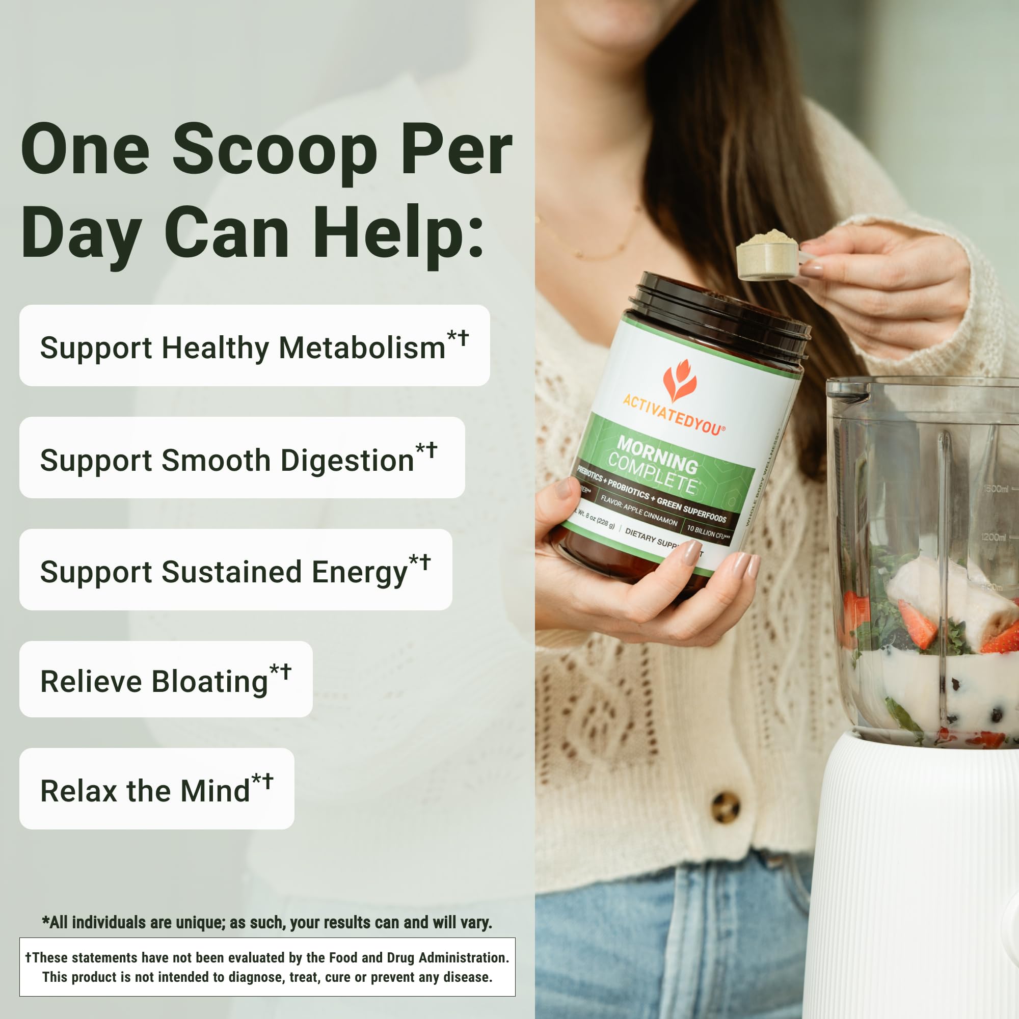 ACTIVATEDYOU scoop with powder representing 10 billion CFUs per serving