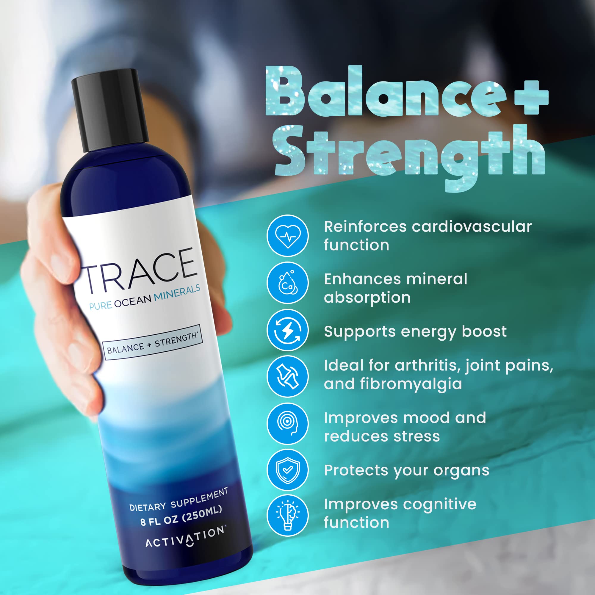 Activation Pure Trace label close-up shows mineral details and magnesium percentage.