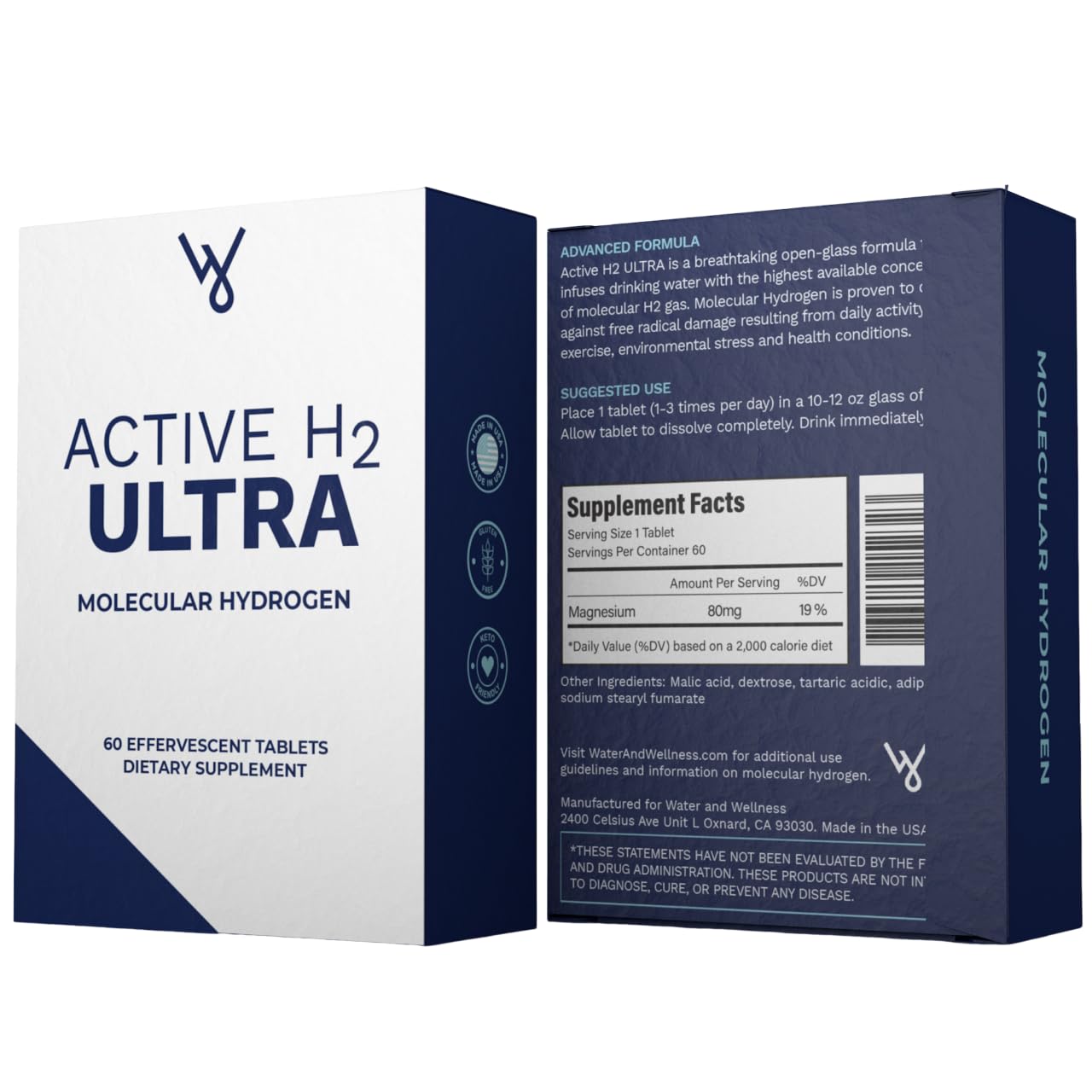 Active H2 Ultra tablet close-up showing effervescence and activation.