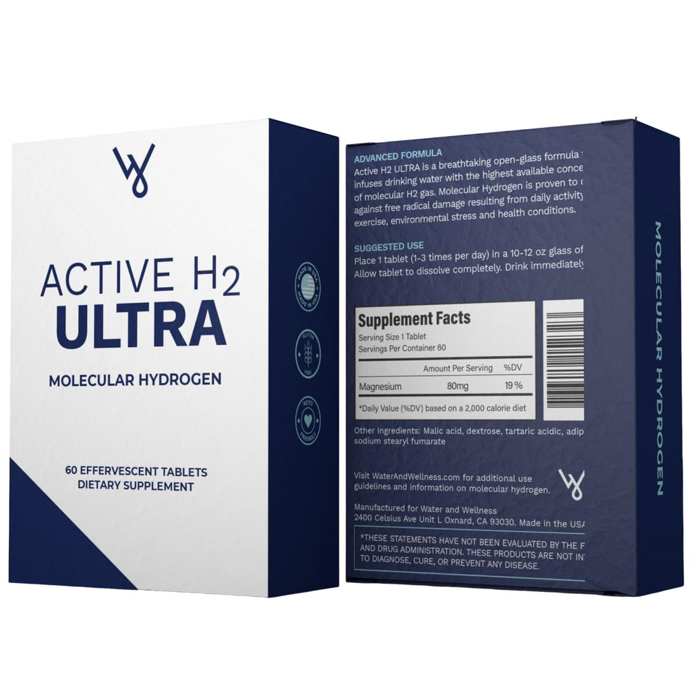 Active H2 Ultra tablet close-up showing effervescence and activation.