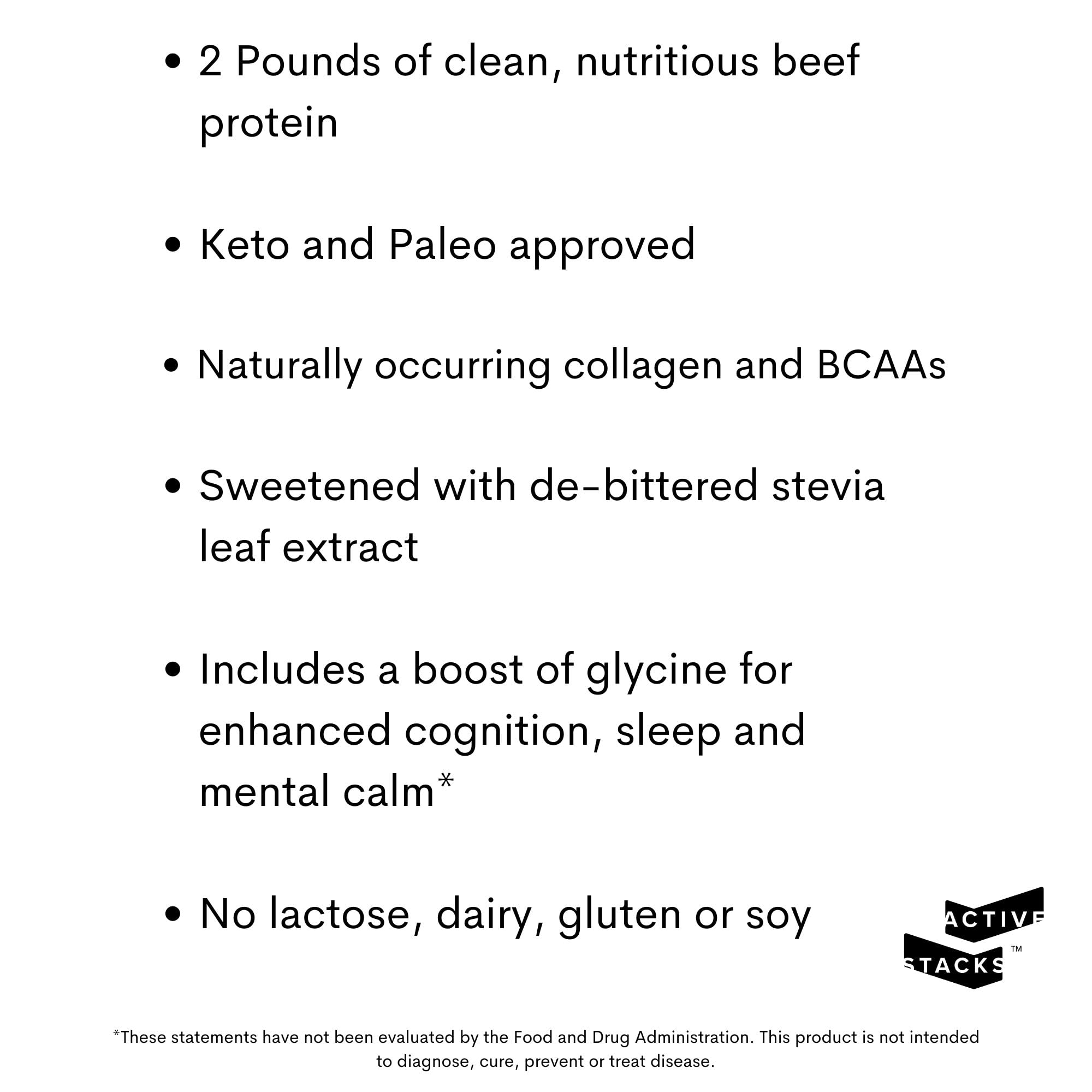 Active Stacks beef protein isolate chocolate bottle—keto and paleo friendly packaging.
