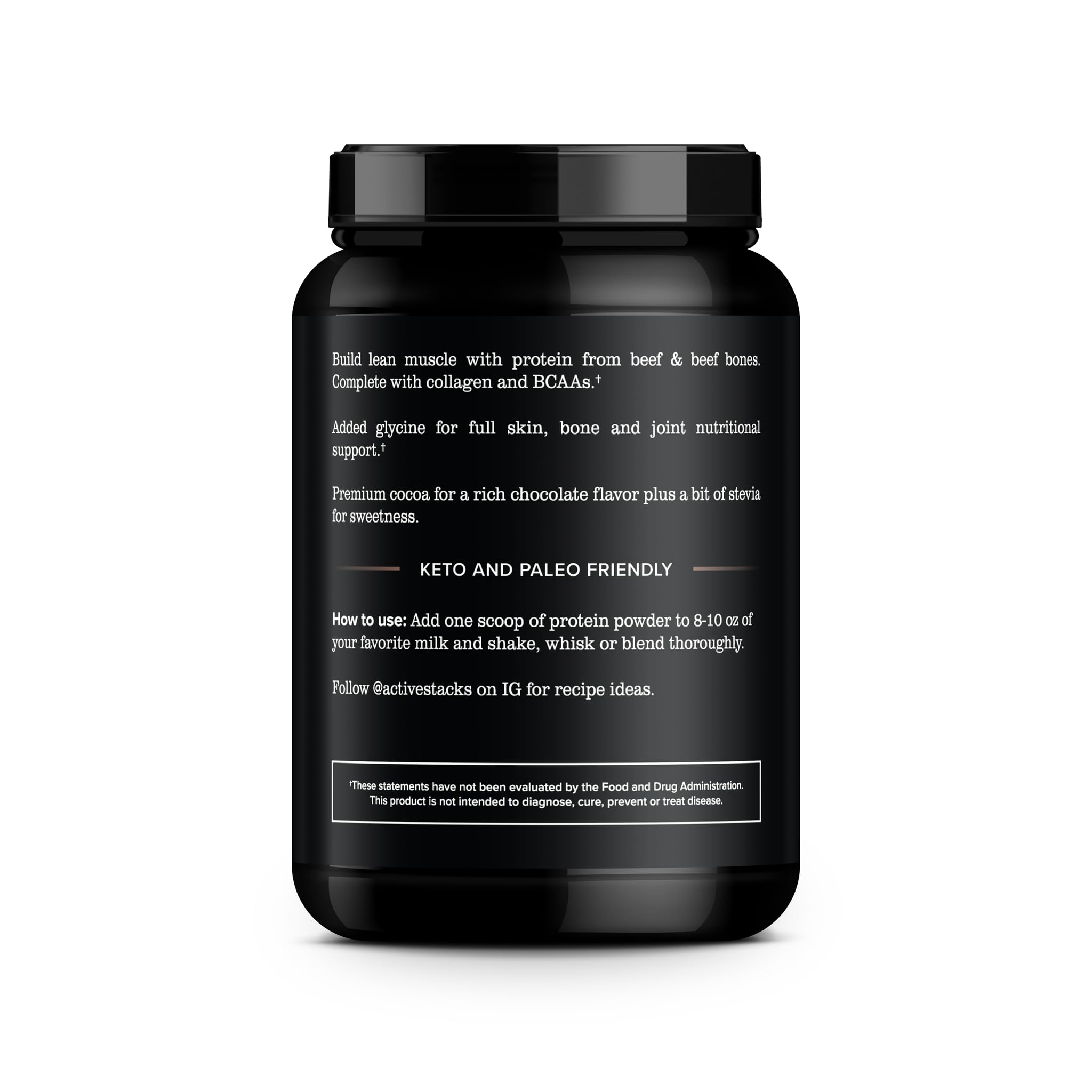 Active Stacks beef protein isolate chocolate label—clean, dairy-free protein with collagen support.