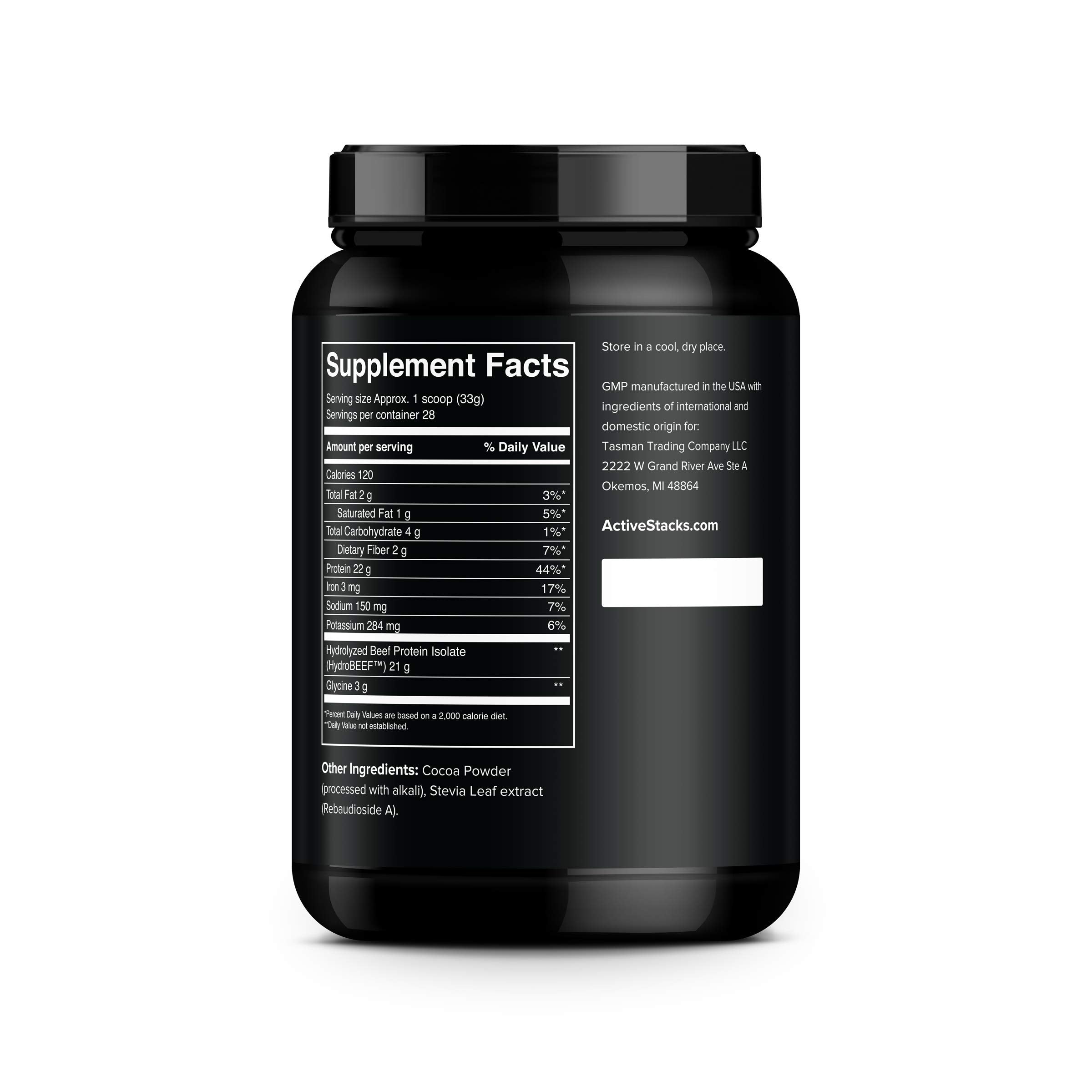 Active Stacks beef protein isolate chocolate mixing—blend into smoothies for low-carb nutrition.