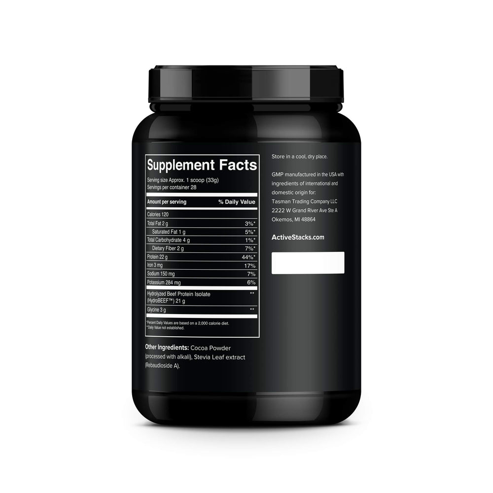 Active Stacks beef protein isolate chocolate mixing—blend into smoothies for low-carb nutrition.
