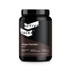 Active Stacks Collagen Peptides Chocolate bottle shows convenient dairy-free collagen for hair, skin, and joints.