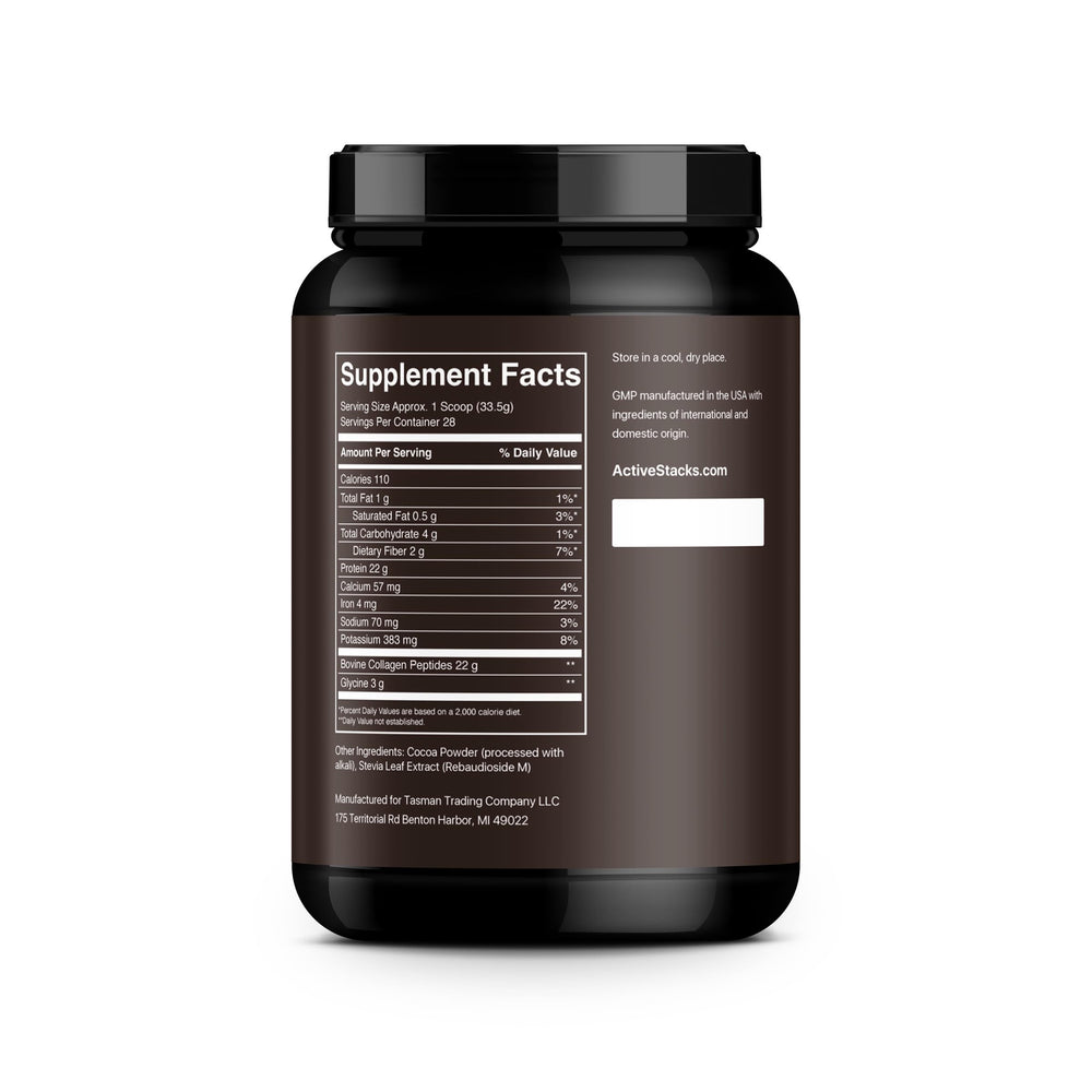 Active Stacks Collagen Peptides Chocolate mixed drink highlights a delicious, keto-friendly skin and joints boost.
