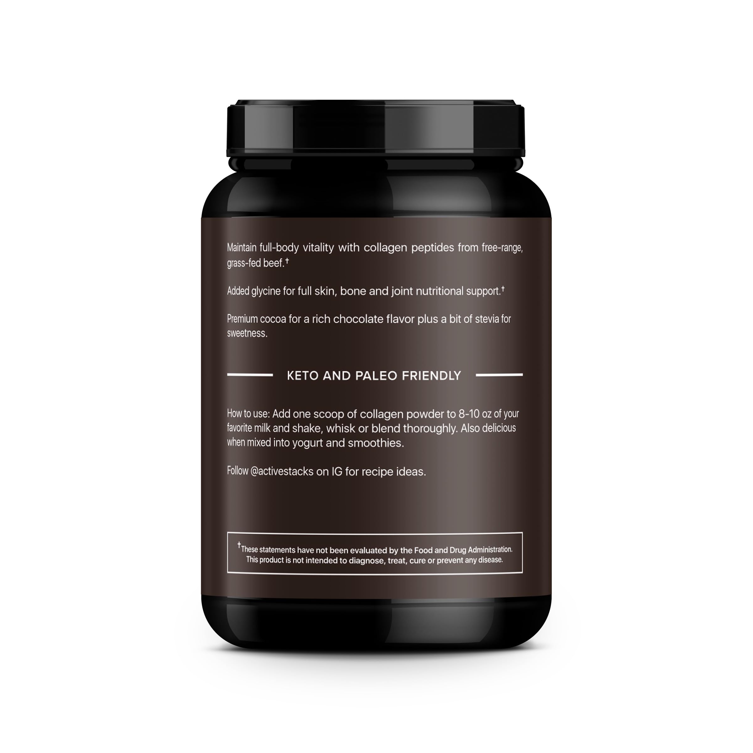 Active Stacks Collagen Peptides Chocolate scoop demonstrates easy daily measuring for wellness and workouts.