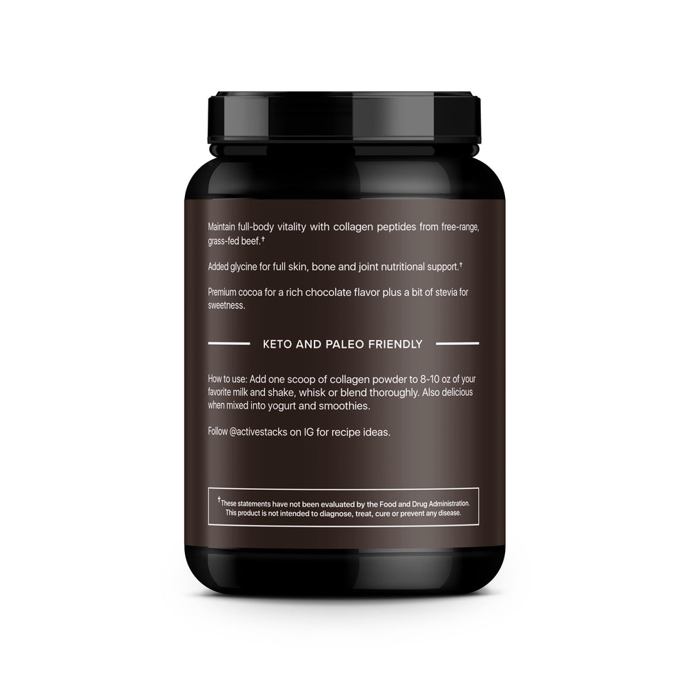 Active Stacks Collagen Peptides Chocolate scoop demonstrates easy daily measuring for wellness and workouts.