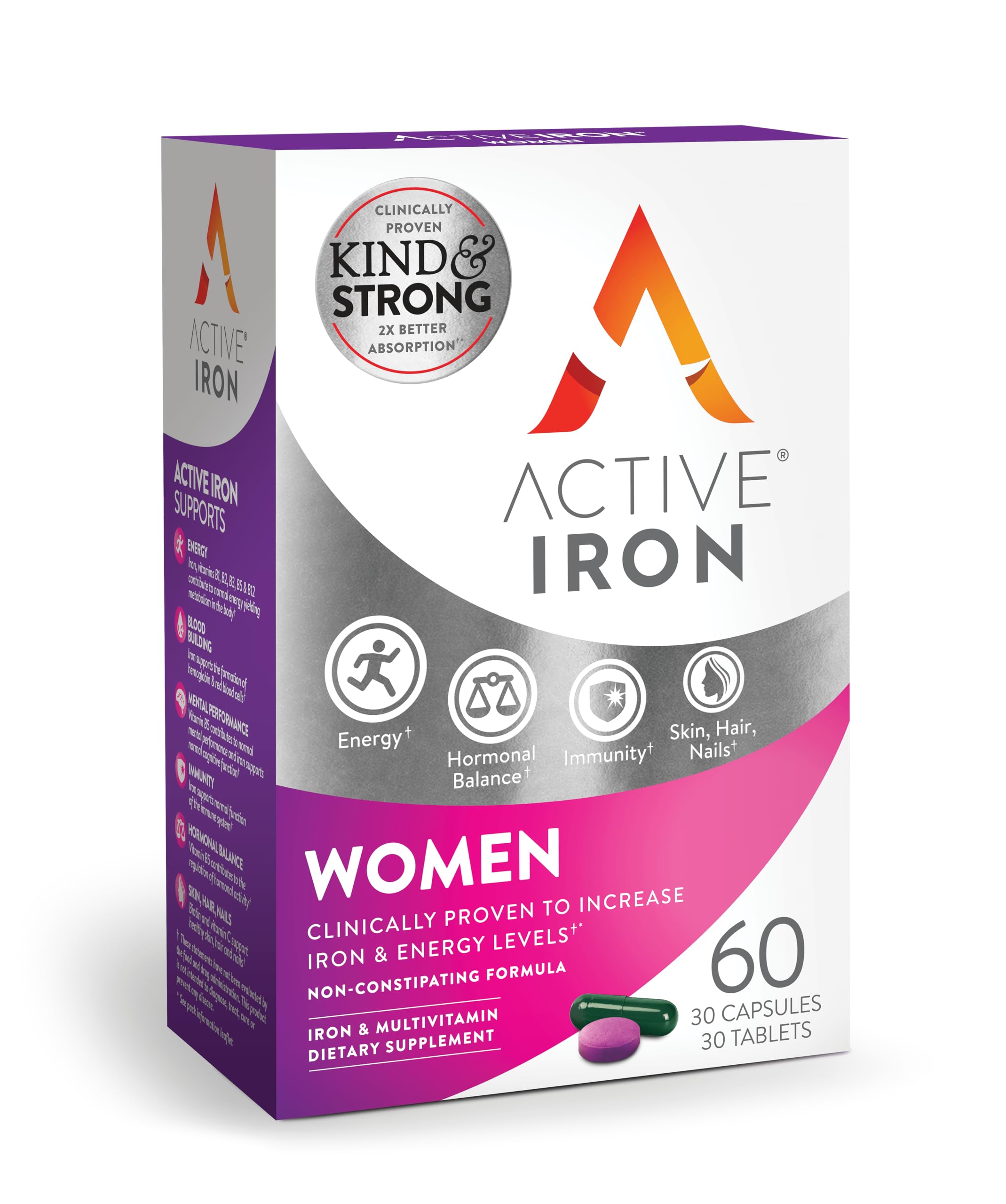 Active Iron bottle close-up showing the 25mg iron and women's multivitamin blend for daily energy.