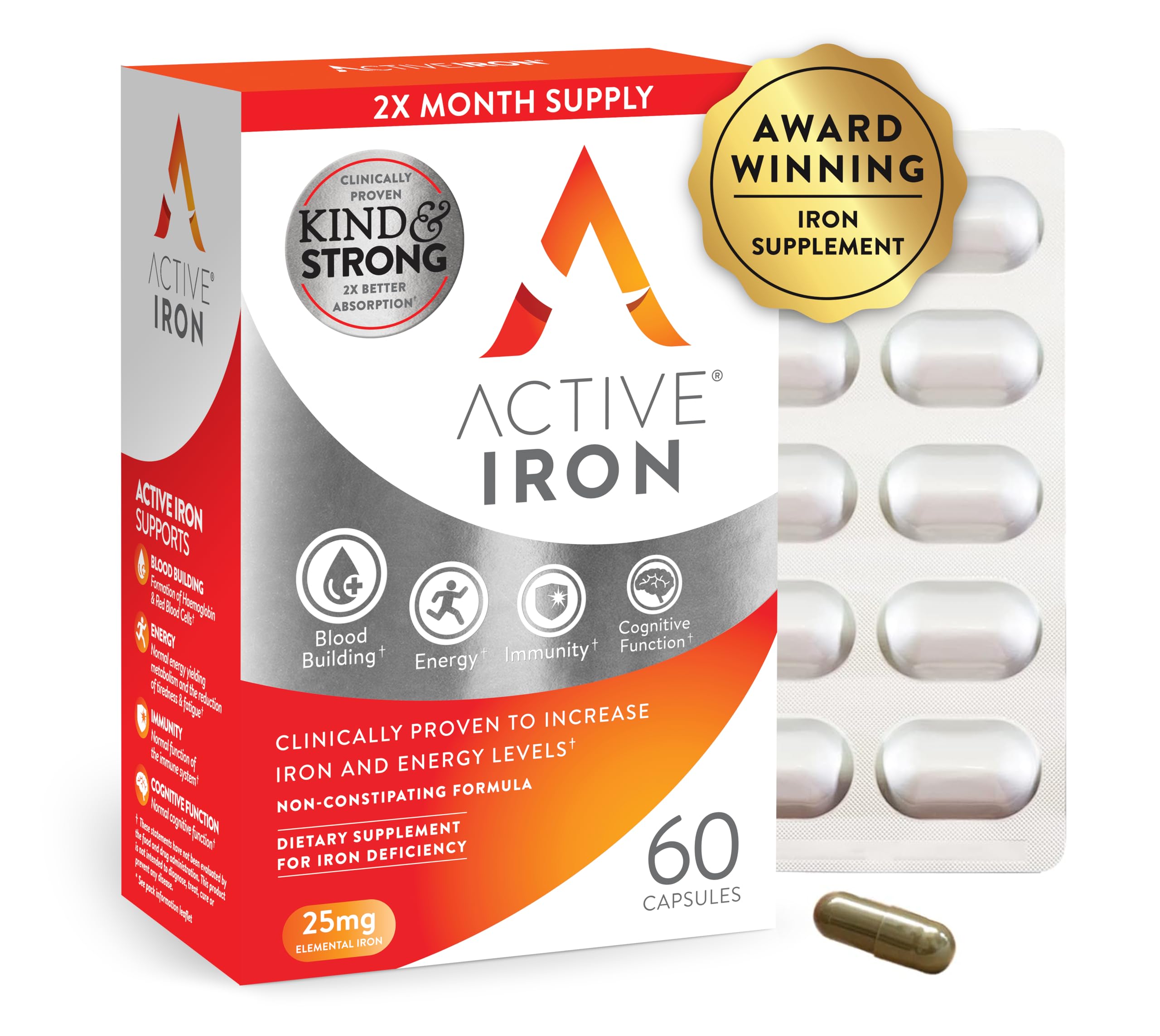 ACTIVEIRON bottle front view showing easy-to-swallow capsules for daily energy support.