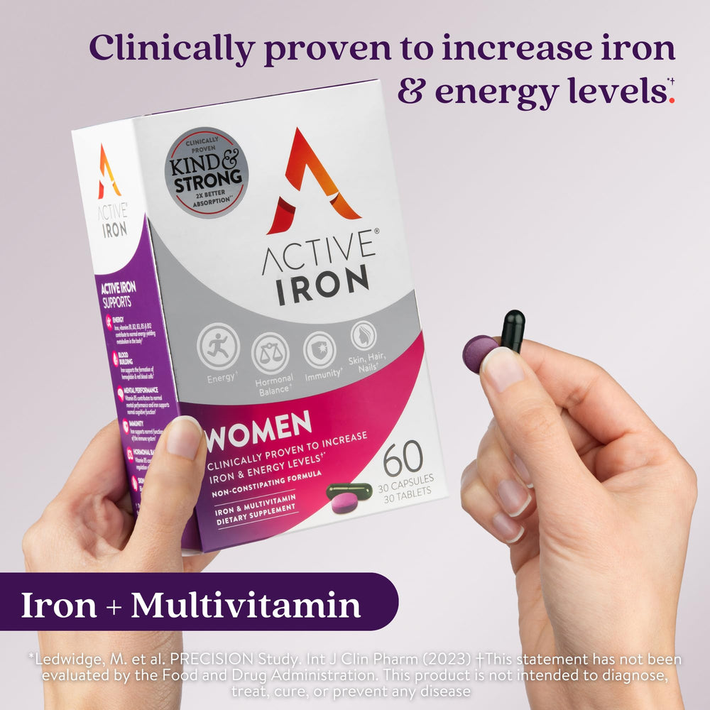 Active Iron capsules in hand illustrating gentle iron support without constipation.