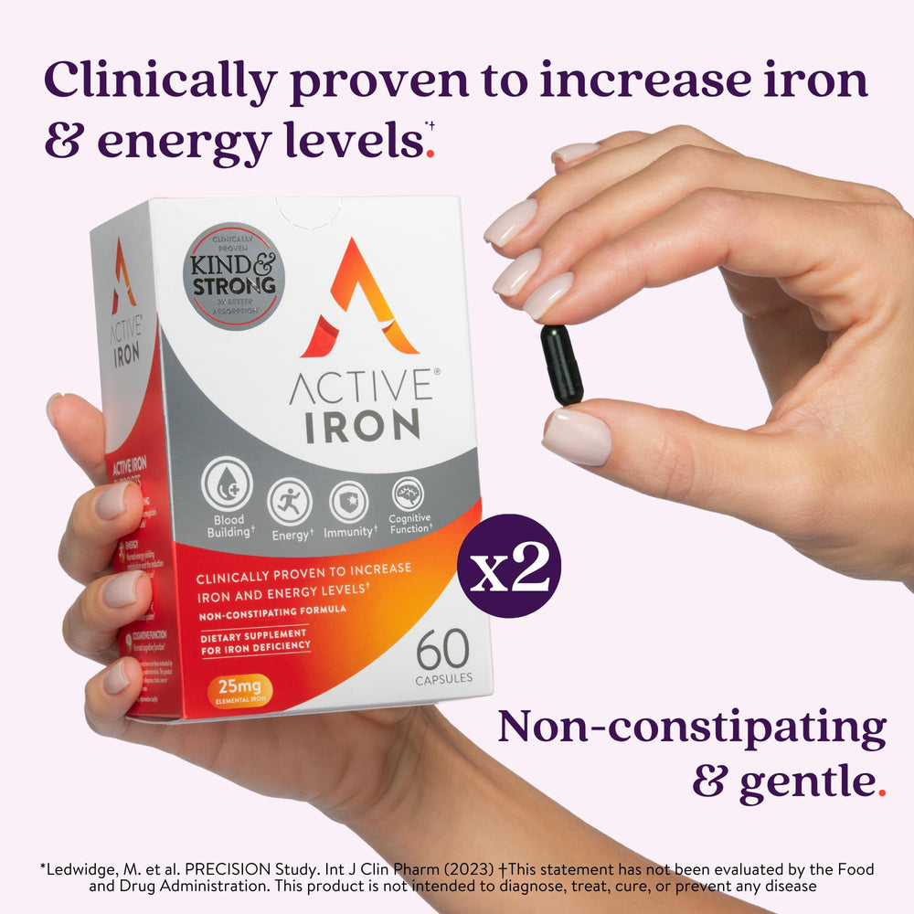 Active Iron packaging visible on a shelf, conveying premium branding.