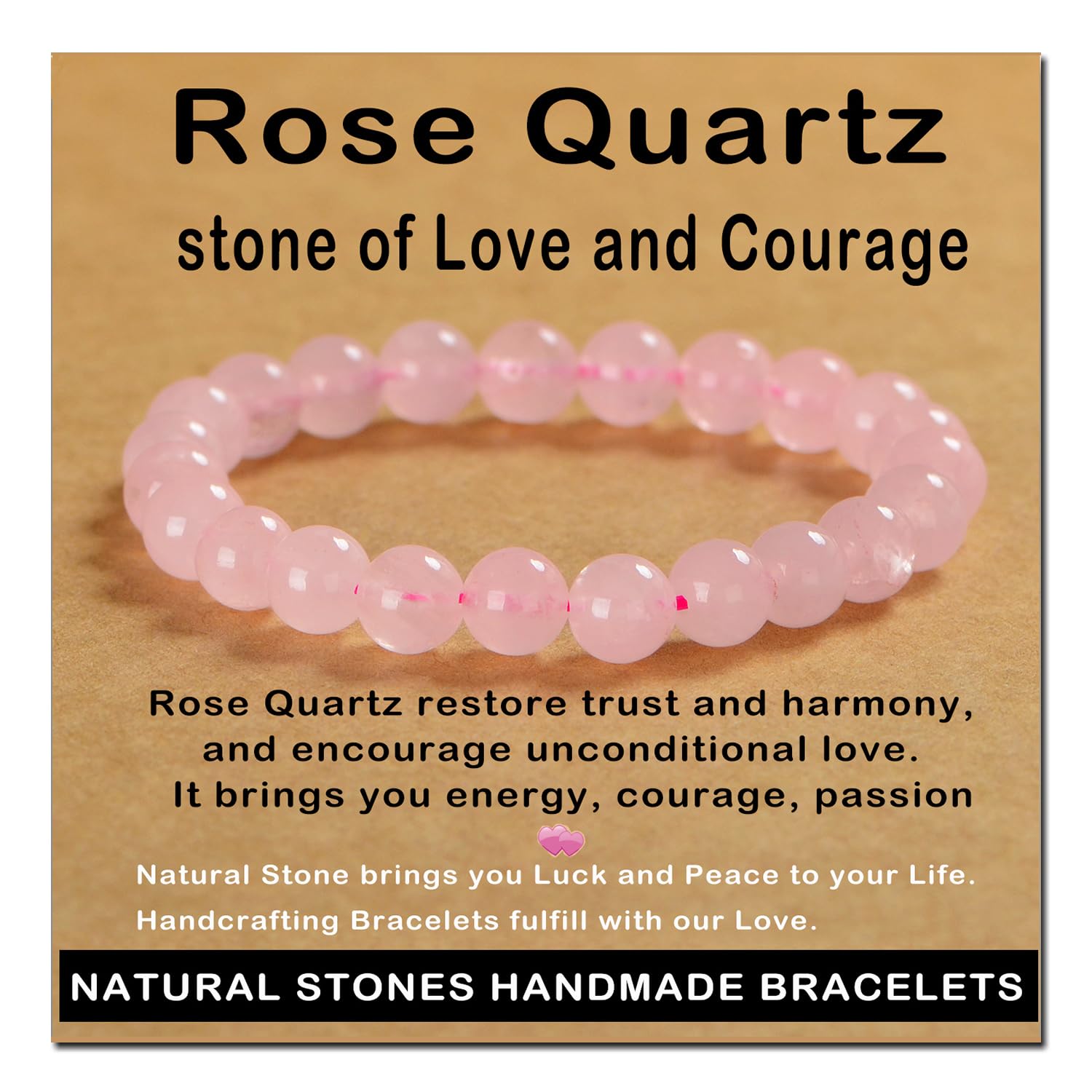 AD Beads pulsera de cuarzo rosado 8mm, uso diario elegante