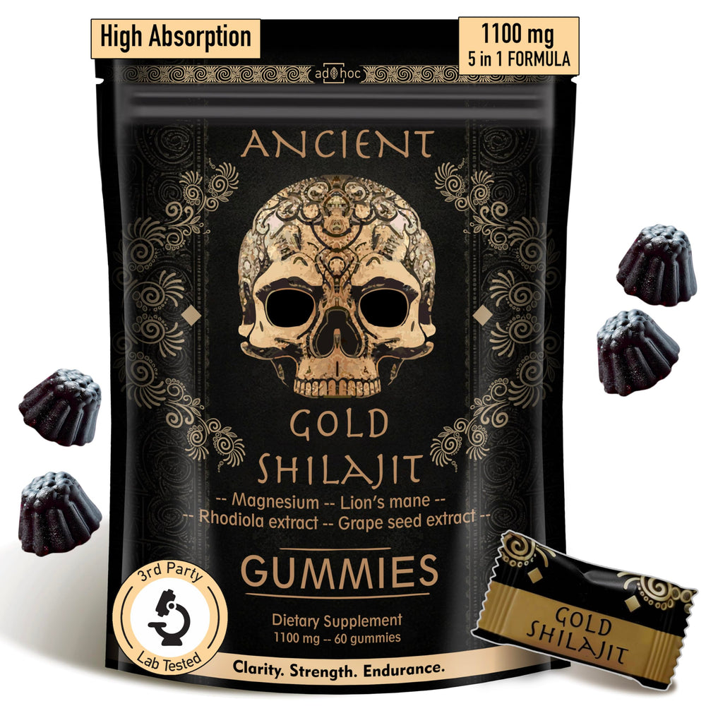 ad hoc 1100mg gold shilajit gummies bottle: potent energy and immune support in a daily chew