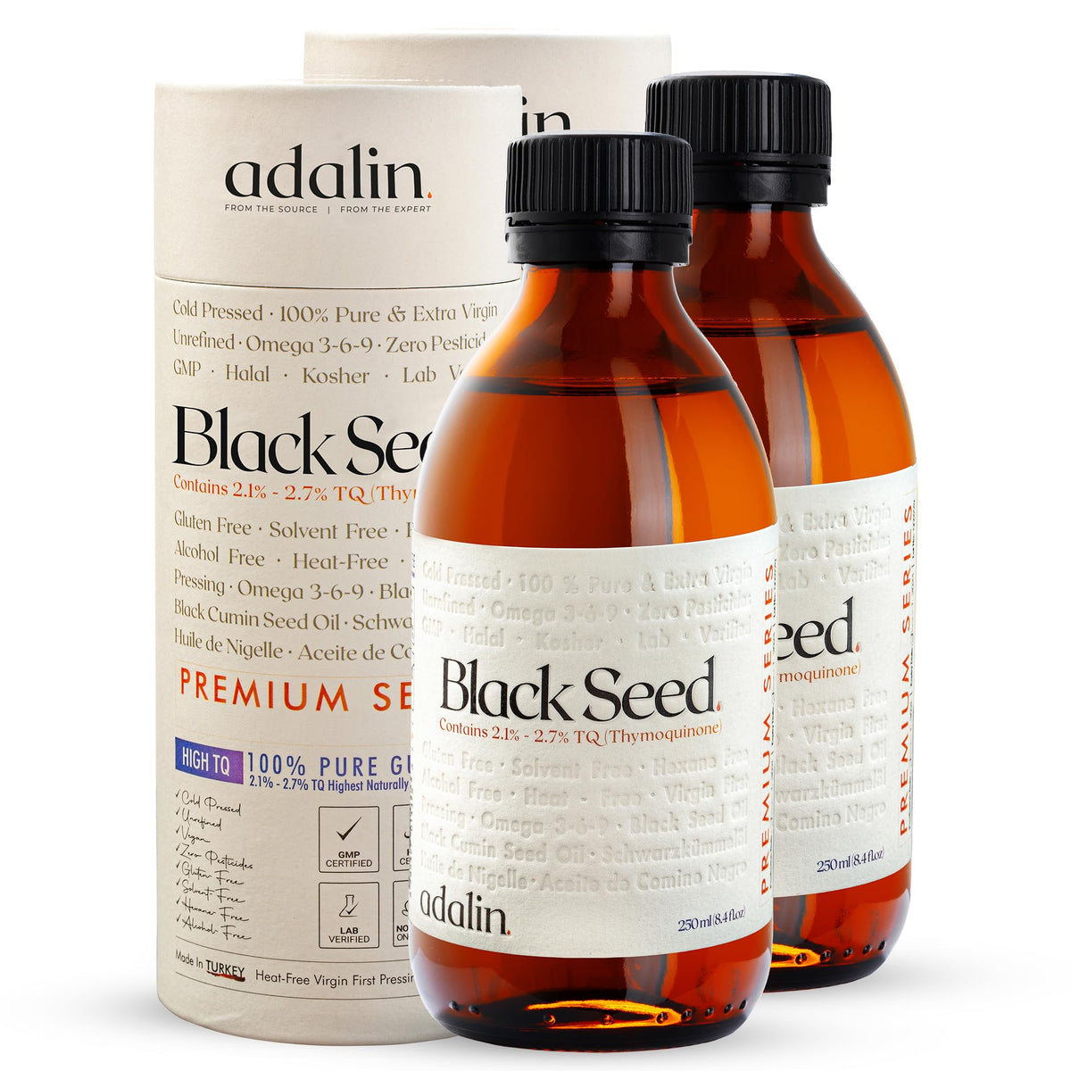 Adalin Black Seed Oil bottle on glass shelves for daily use.