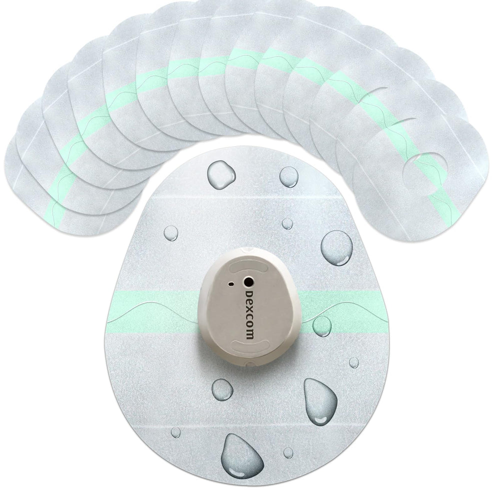 Adamson Dexcom G7 overpatch close-up shows a waterproof seal for showers and swims