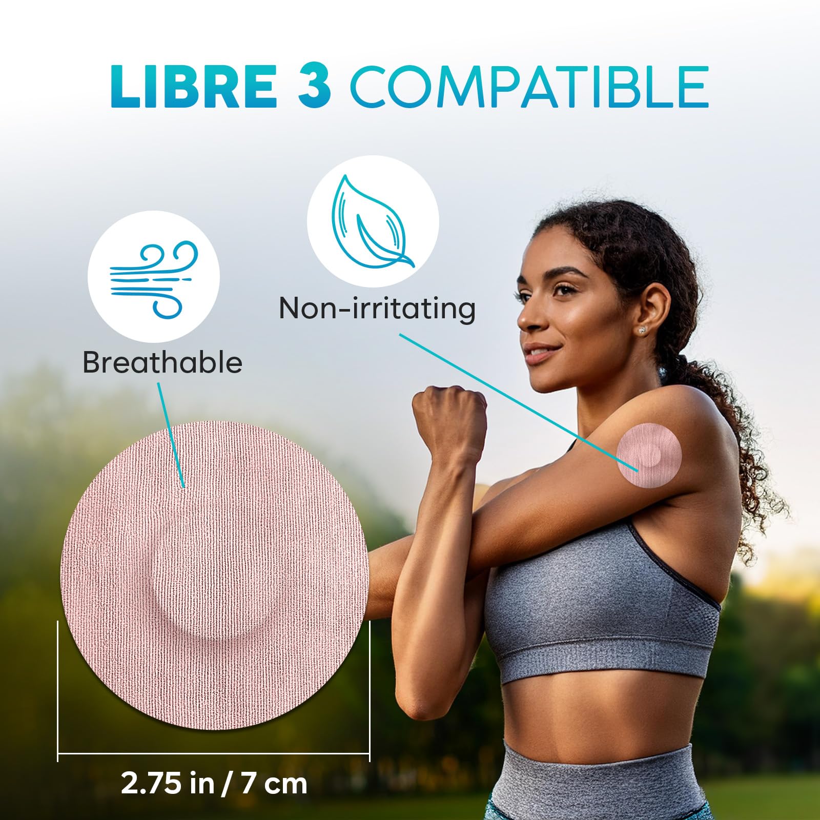 Close-up of beige Libre 3 patch with durable adhesive