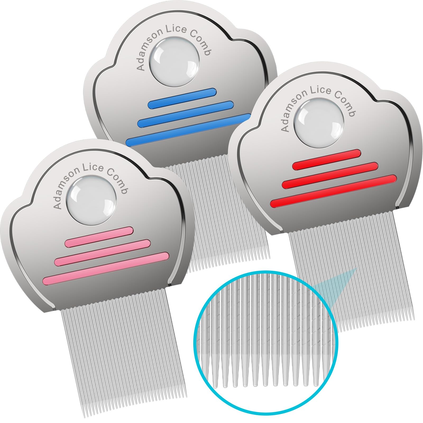 Adamson Lice Comb 3-Pack set in red pink blue for kids.