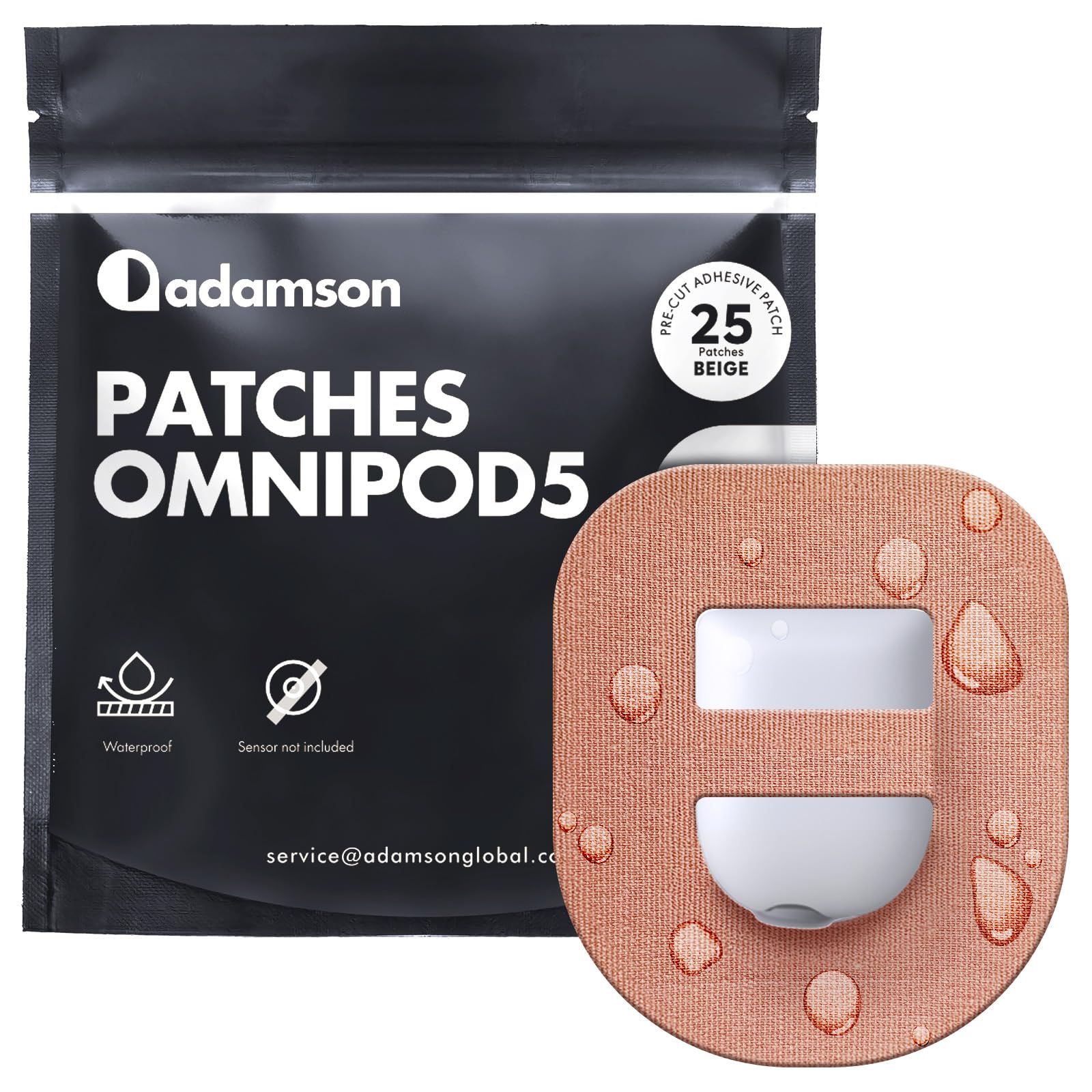 Adamson Omnipod 5 overpatch beige packaging showing waterproof protection and long wear
