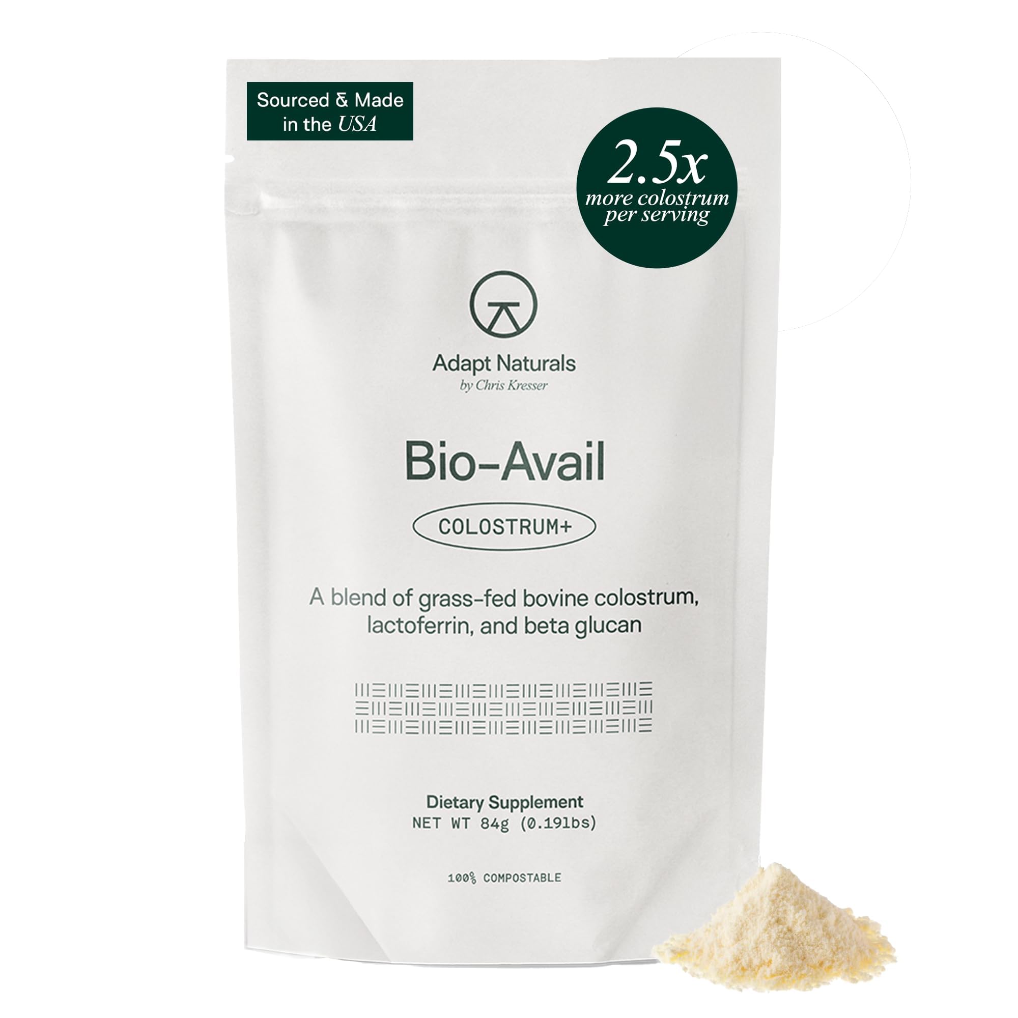 Adapt Naturals colostrum powder scoop shows precise daily dose for gut support.