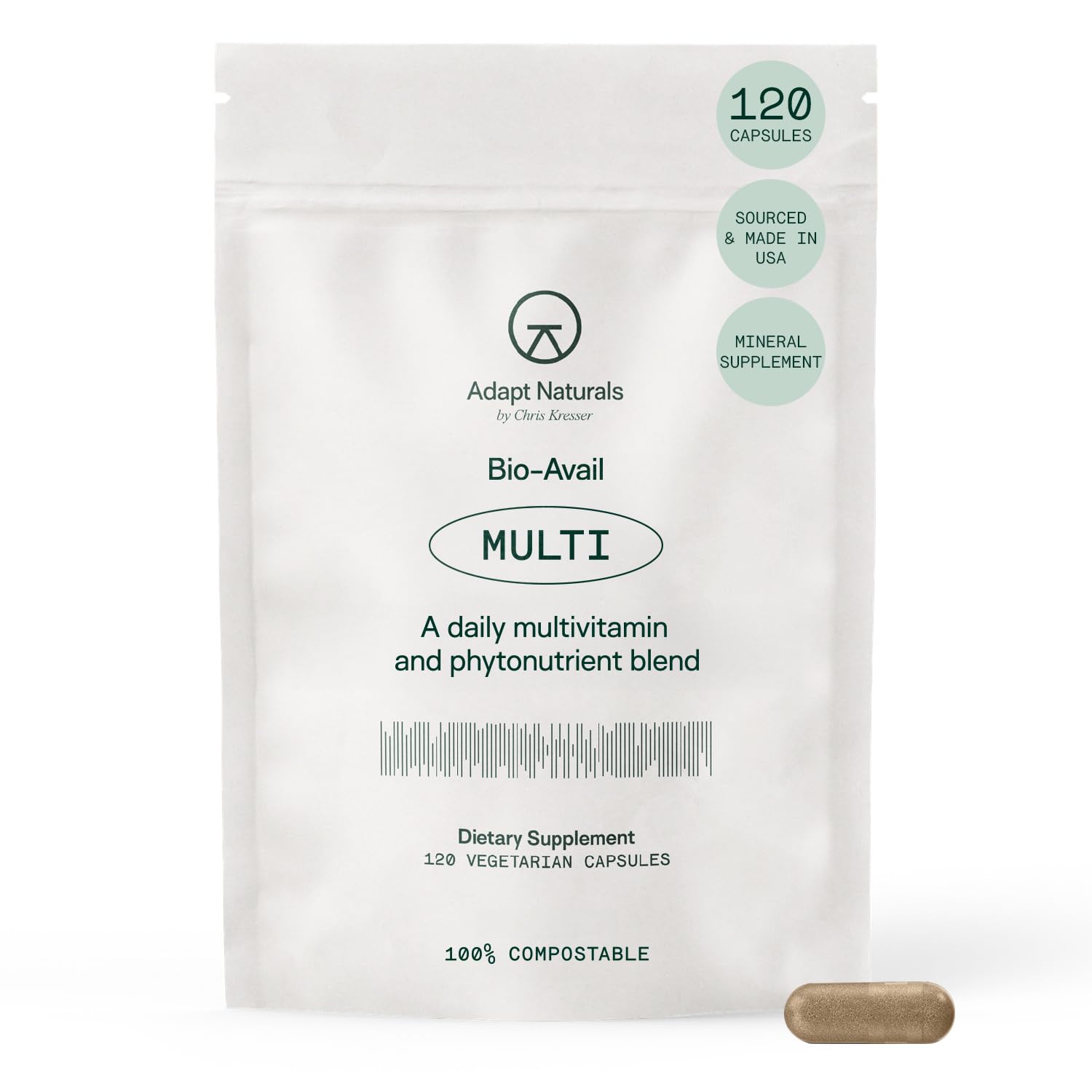 Adapt Naturals multivitamin bottle closeup for daily wellness support.
