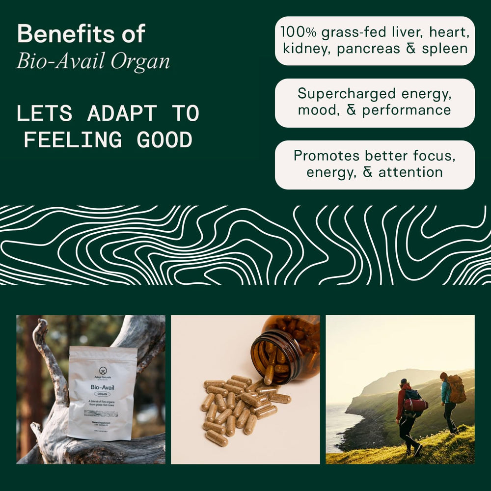 Adapt Naturals Organ Supplement bottle label closeup signals purity and five-organ blend potency.