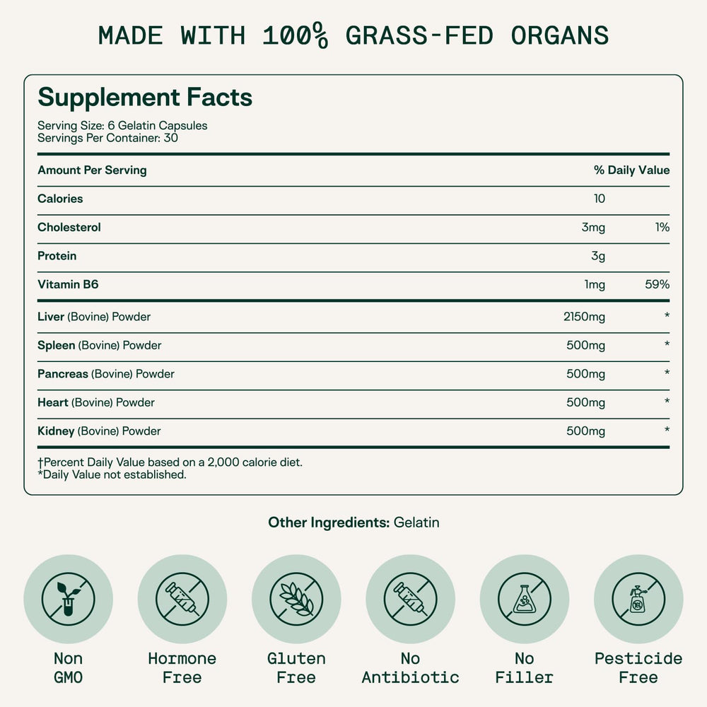 Adapt Naturals Organ Supplement capsules closeup highlighting bioavailable organ nutrients for everyday vitality.
