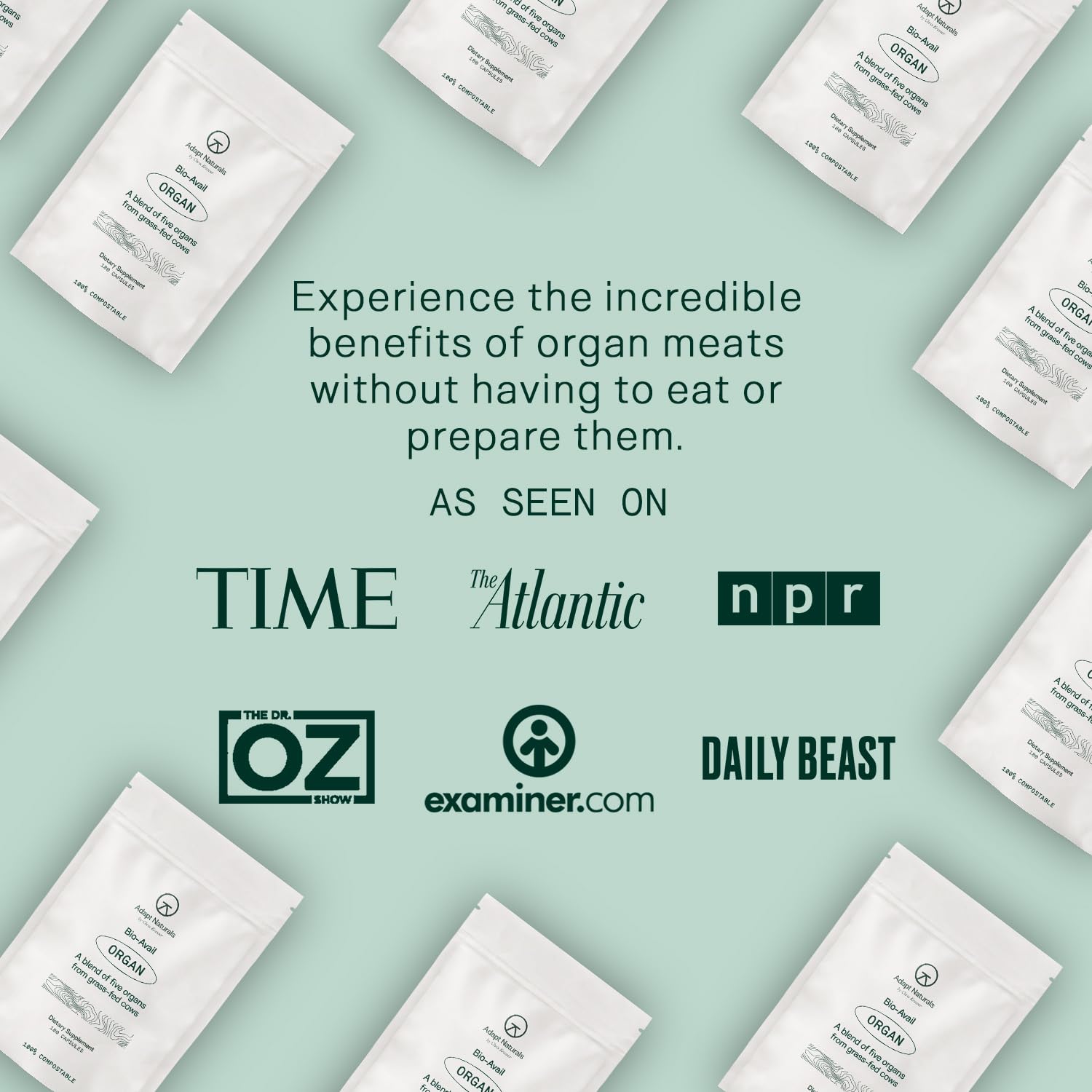 Adapt Naturals Organ Supplement nutrition facts panel highlights CoQ10 and essential nutrient content.