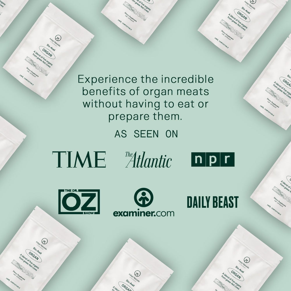 Adapt Naturals Organ Supplement nutrition facts panel highlights CoQ10 and essential nutrient content.