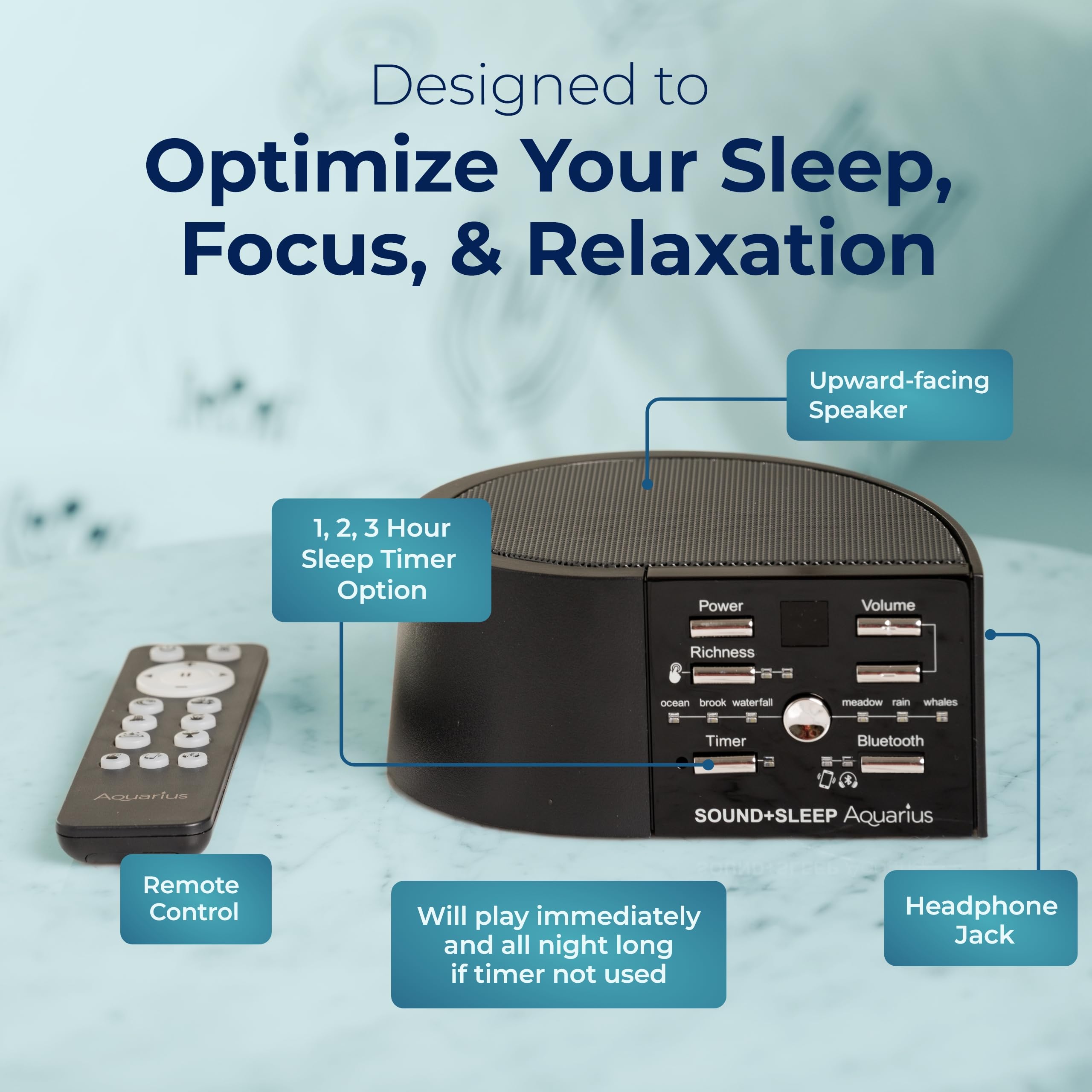 Adaptive Sound Aquarius timer display shows optional fade-out for quiet nights.