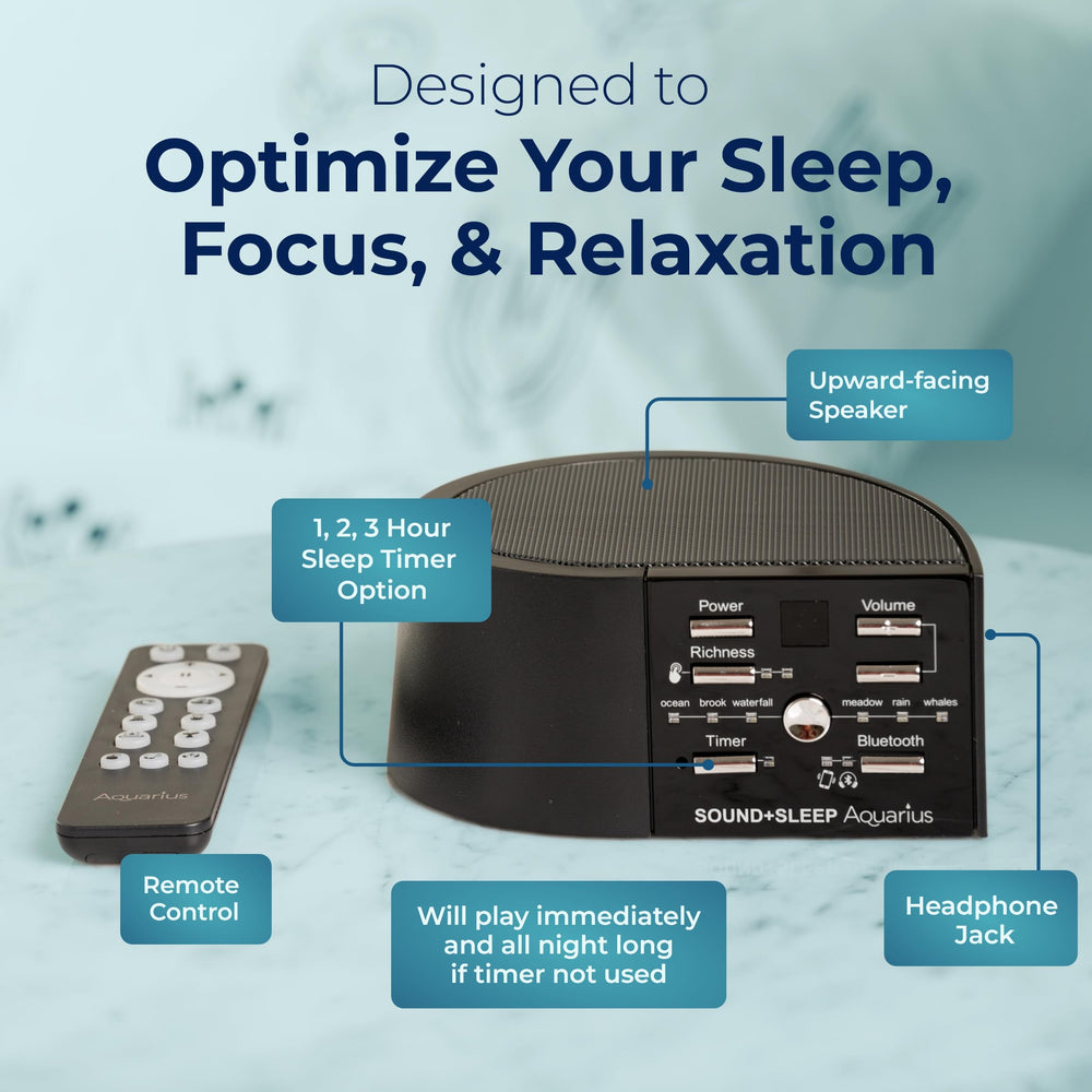 Adaptive Sound Aquarius timer display shows optional fade-out for quiet nights.