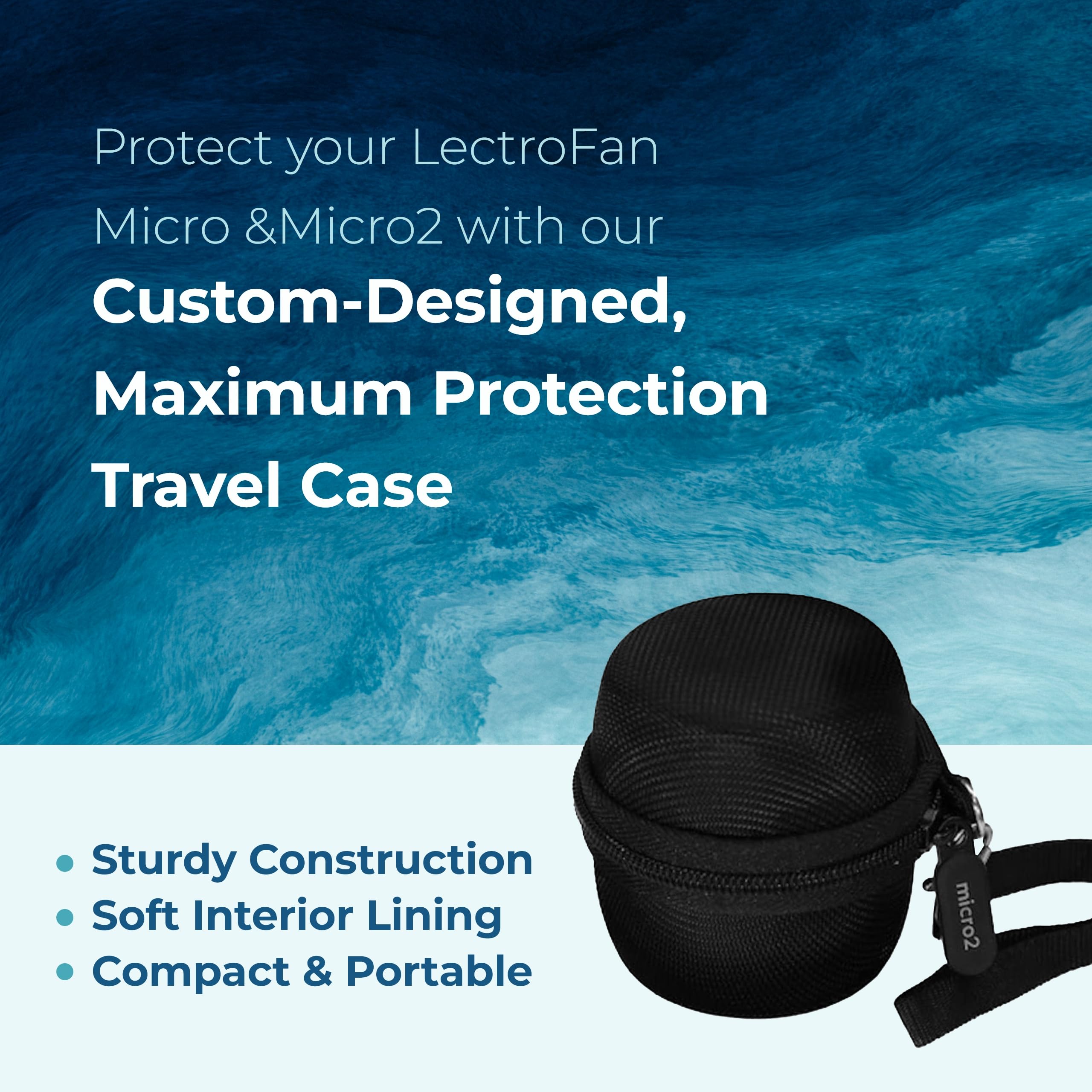 Adaptive Sound Technologies LectroFan Micro case—open zipper shows organized cable pocket for easy access.