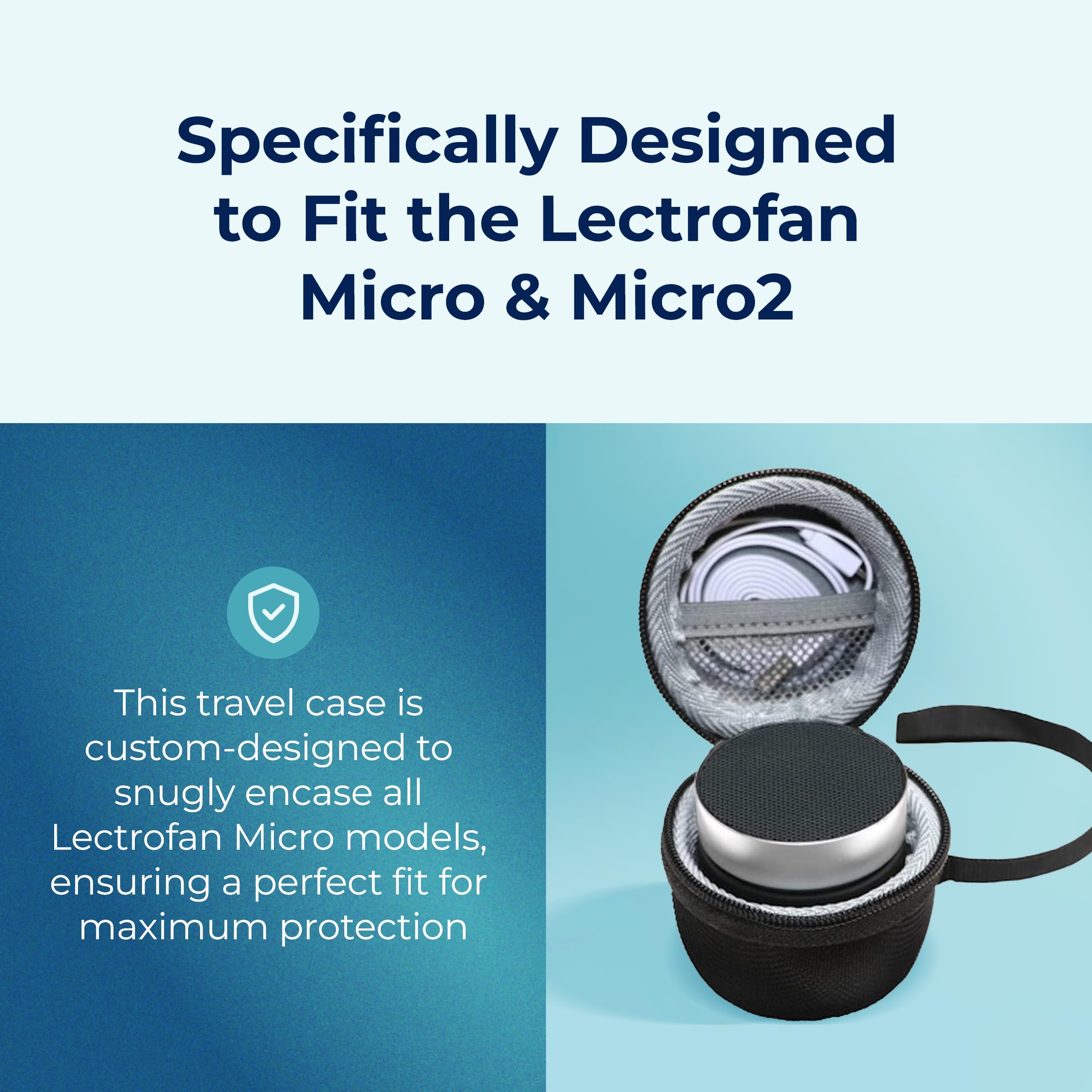 Adaptive Sound Technologies LectroFan Micro case—side pocket illustrates compact size ideal for travel.